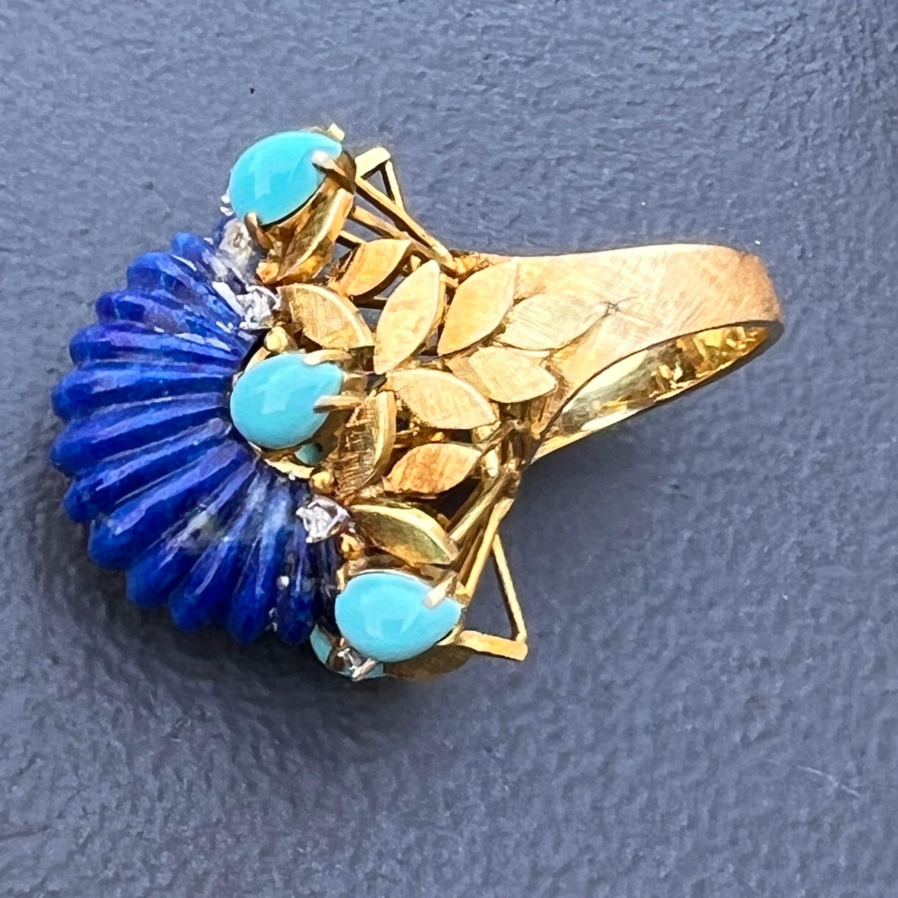 1970s 18 Karat Gold Lapis Diamond and Turquoise Cocktail Ring For Sale 4
