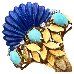 Retro 1970s 18 Karat Gold Lapis Diamond and Turquoise Cocktail Ring
