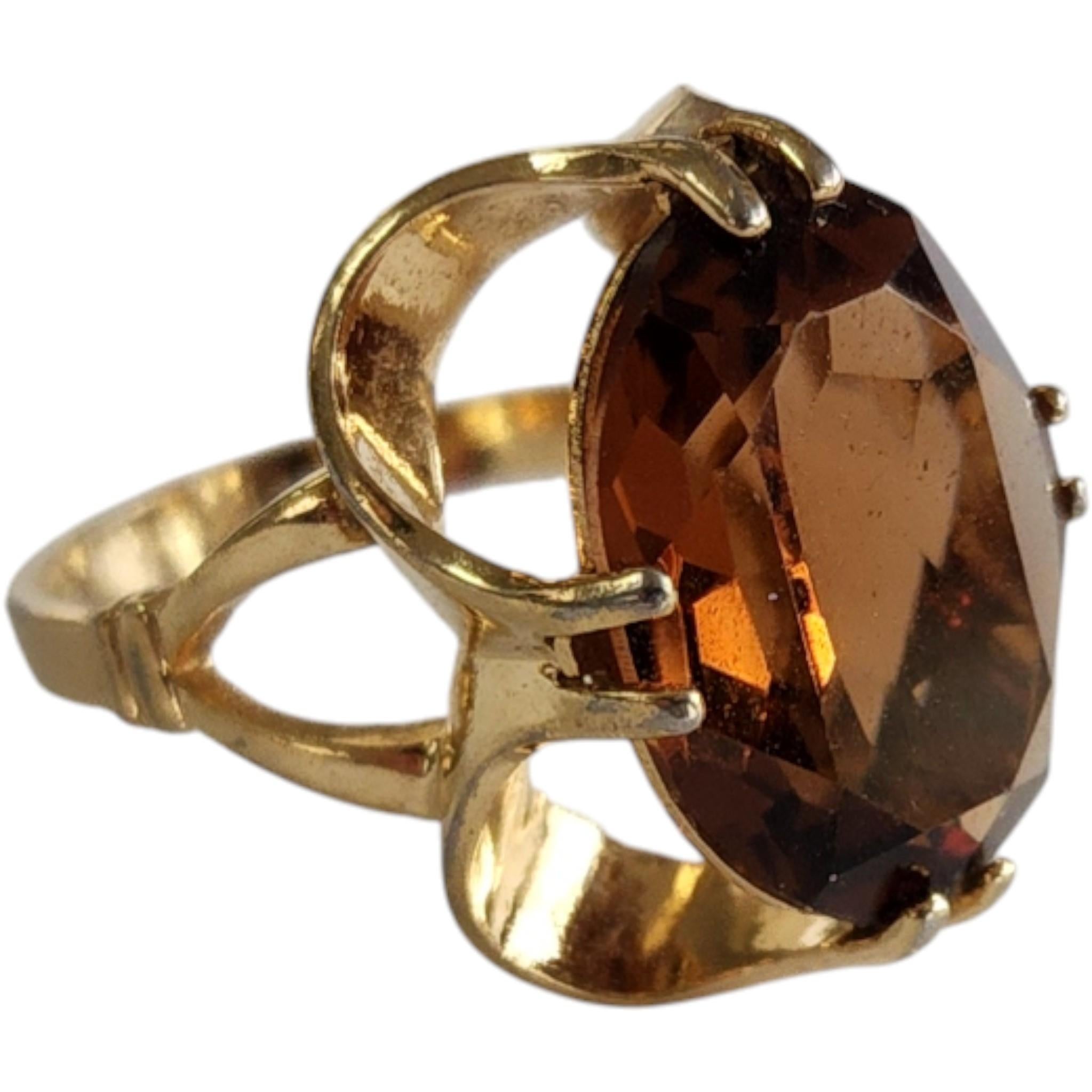 1970s 18KT HGE Oval Citrine Glass Gold Tone Cocktail Ring