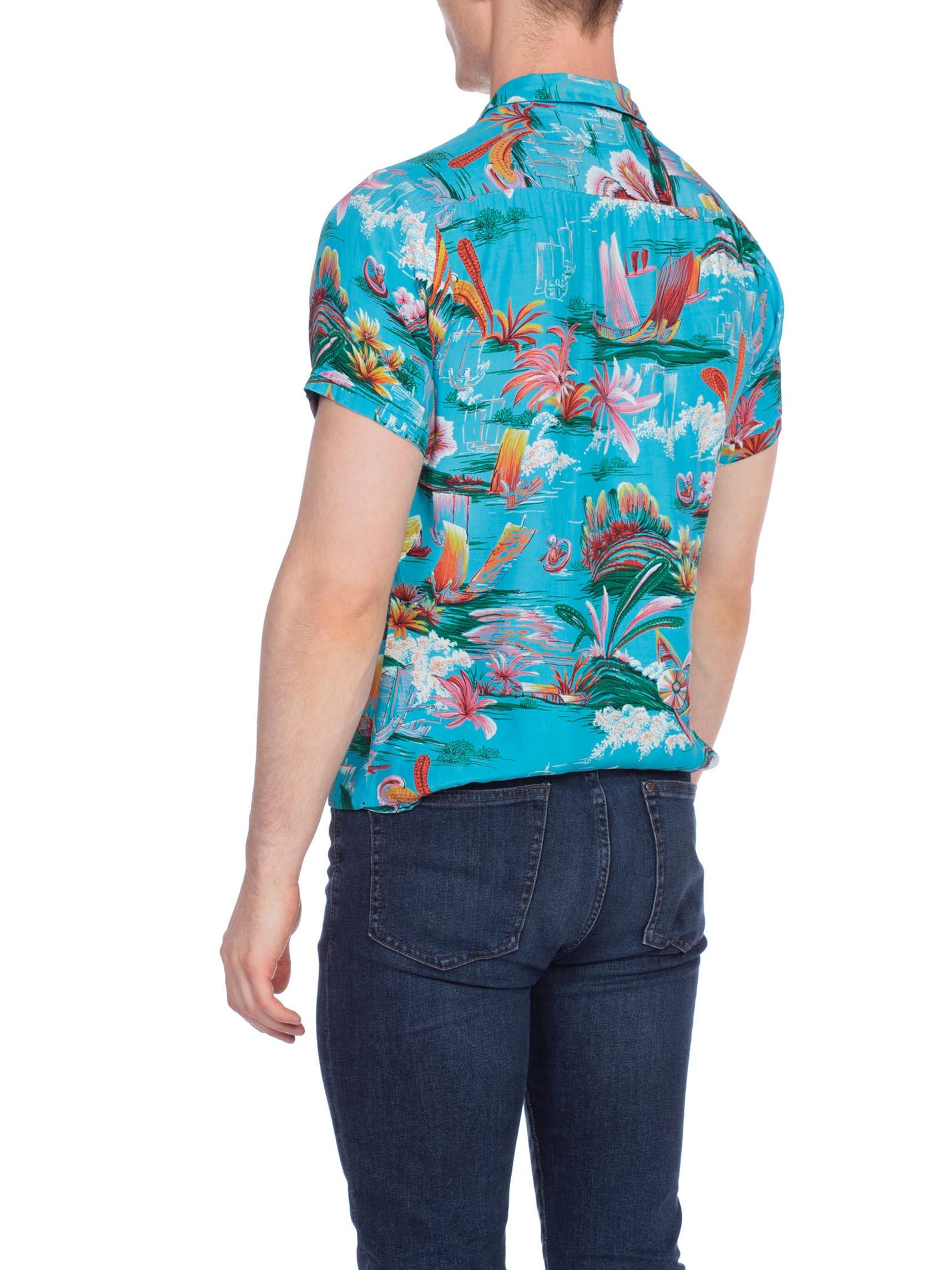 Blue 1970S Teal Rayon Men's 40S Style Tropical Hawaiian Shirt For Sale