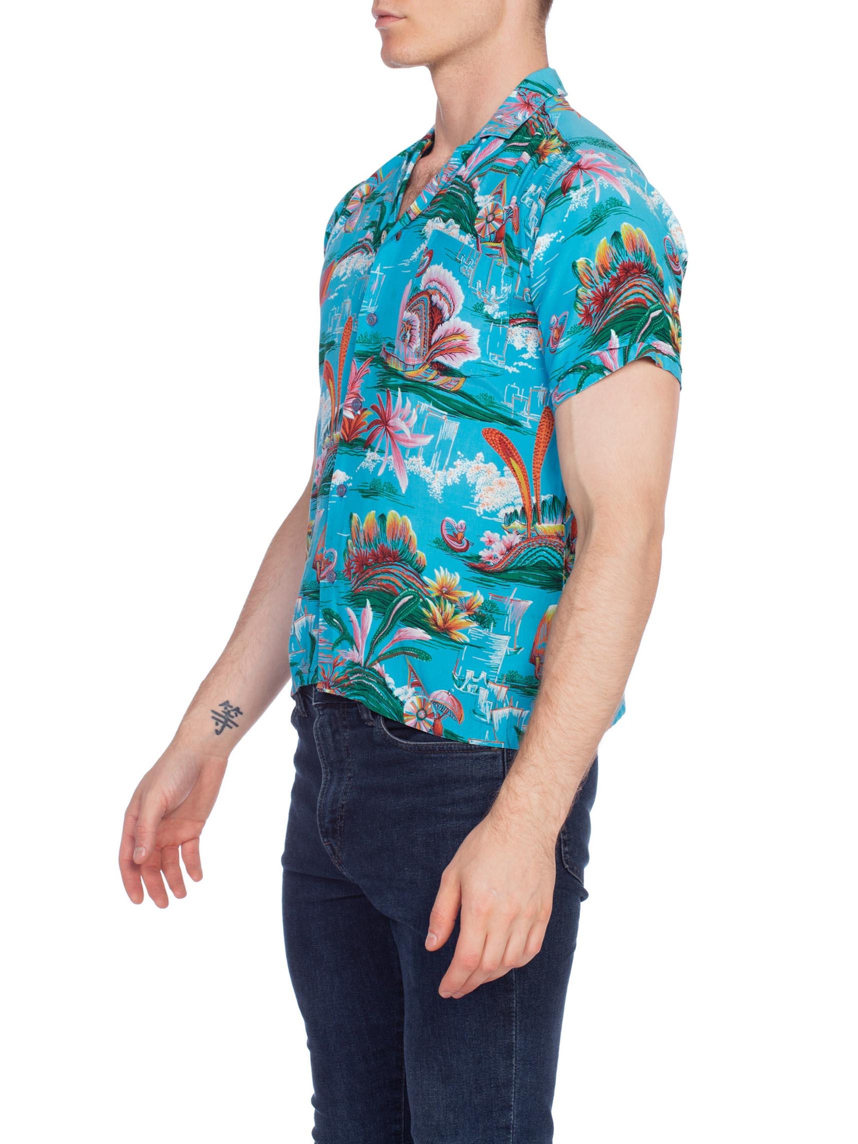 1970S Teal Rayon Men's 40S Style Tropical Hawaiian Shirt For Sale 1