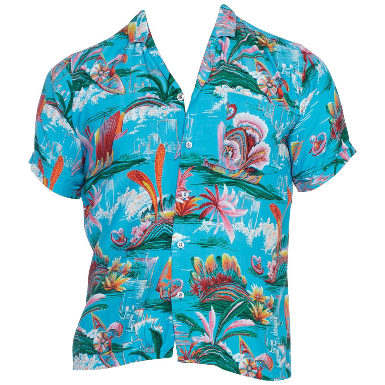 1970S Teal Rayon Men's 40S Style Tropical Hawaiian Shirt For Sale