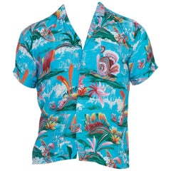 Vintage 1970S Teal Rayon Men's 40S Style Tropical Hawaiian Shirt