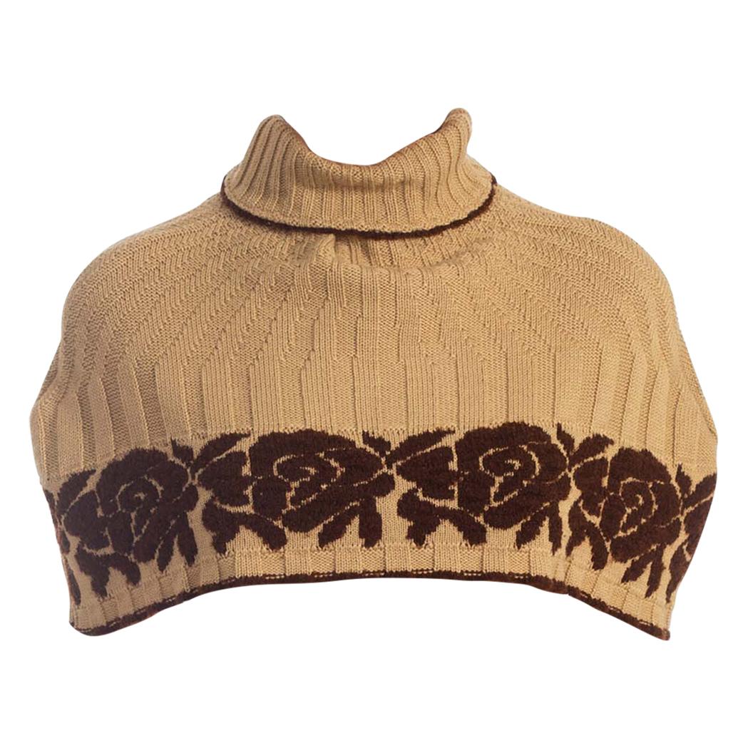 1970S Beige & Brown Wool Blend Knit Sweater Cape With Rose Intarsia