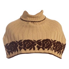 Vintage 1970S Beige 
Brown Wool Blend Knit Sweater Cape With Rose Intarsia