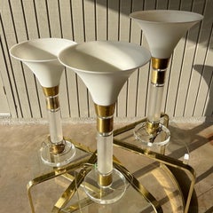 1970s-1980s brass and lucite torchiere table lamps with touch switches