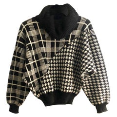 Vintage 1970s/1980s Christian Dior Black and White Bat Wing Houndstooth Print Sweater