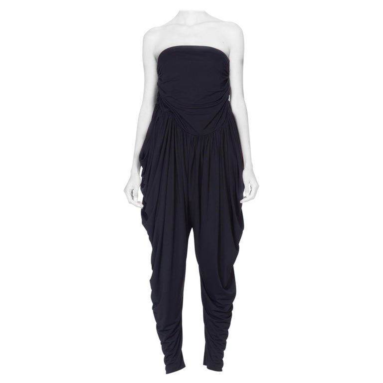 1970S Black Polyester Jersey Strapless Disco Jumpsuit With Pockets For