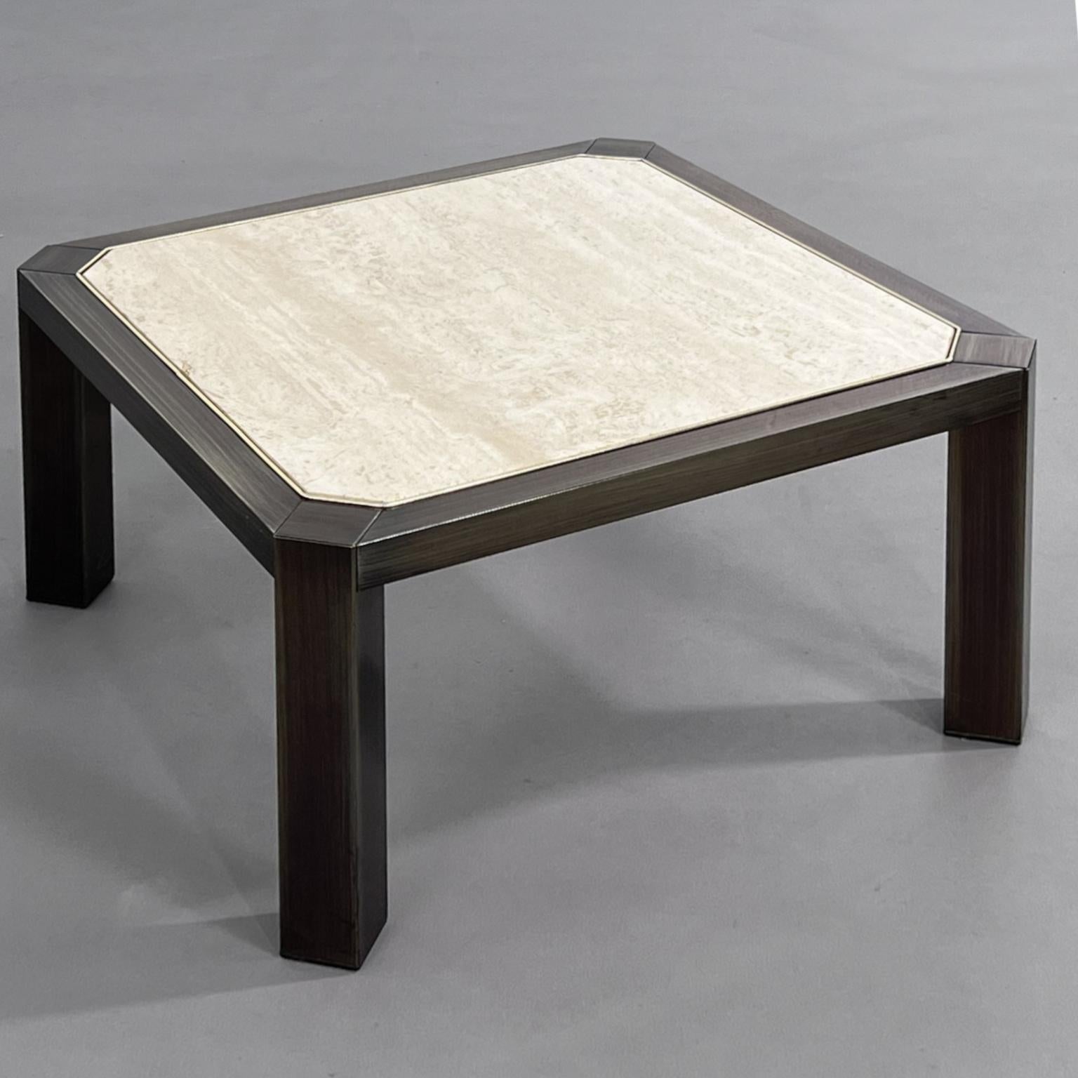 1970s-1980s Hollywood Regency Style Belgochrome Coffee Table made in a metal brushed varnished effect and travertine top