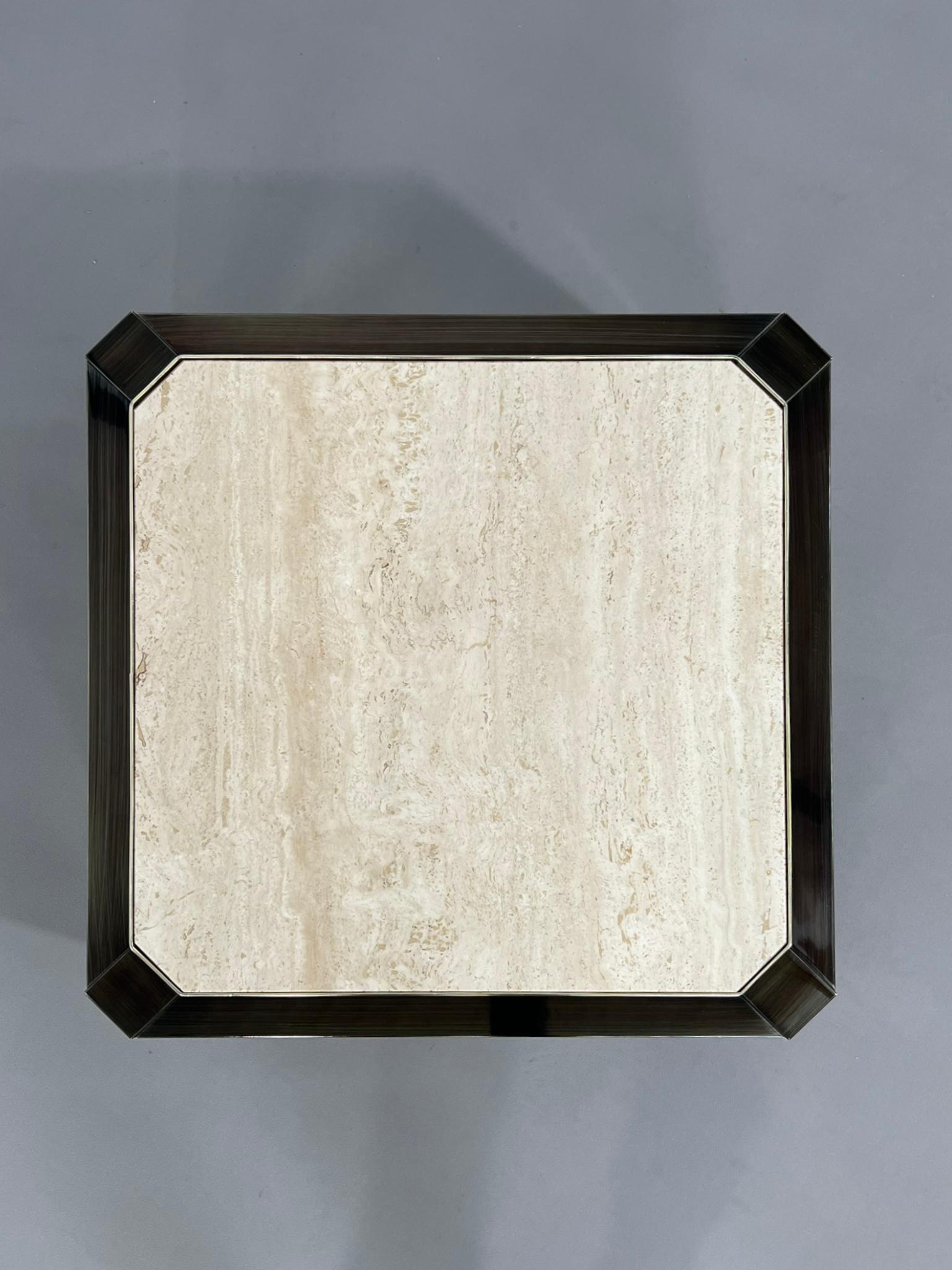 European 1970s-1980s Hollywood Regency Style Travertine and Metal Square Coffee Table For Sale