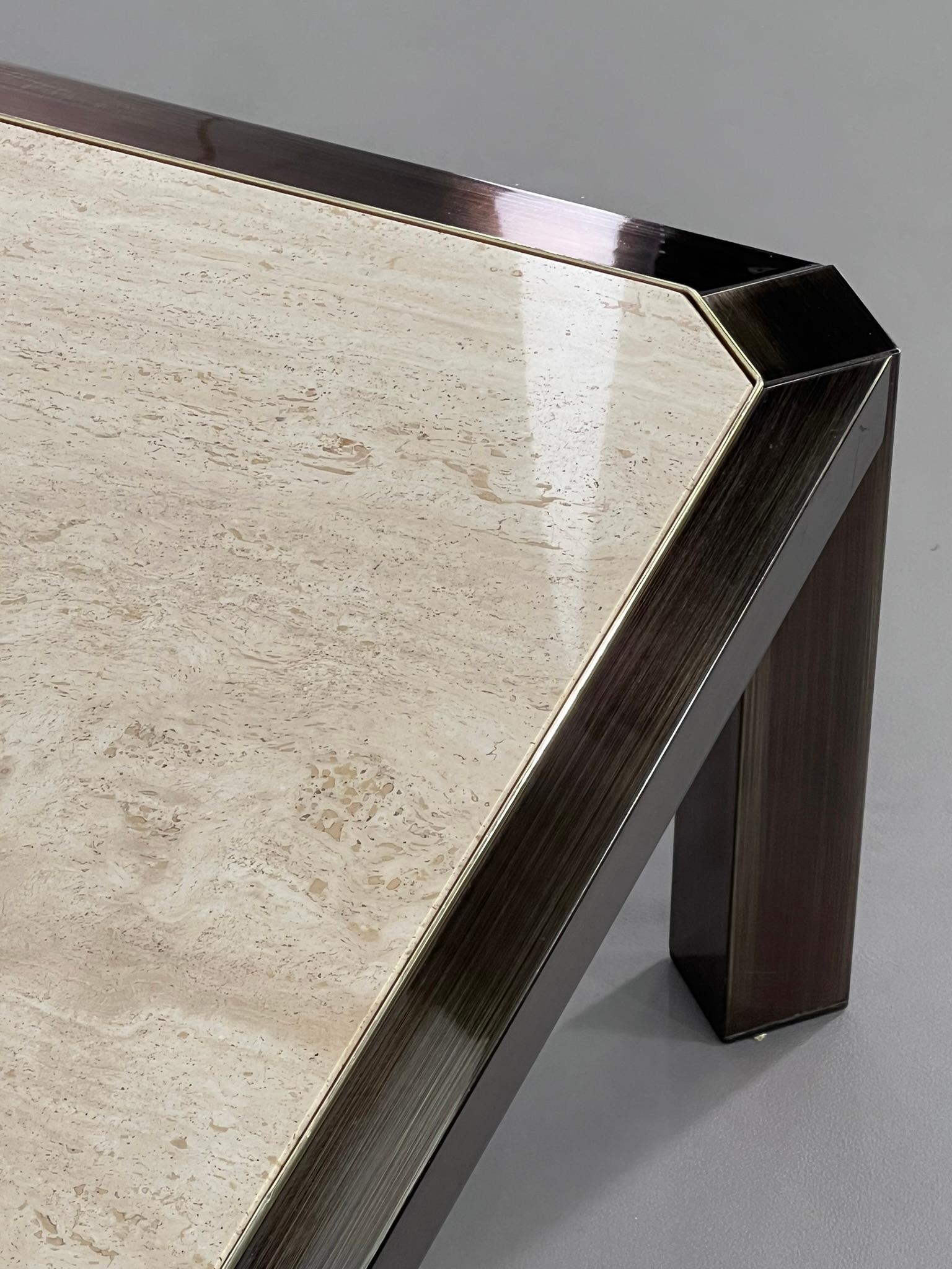 1970s-1980s Hollywood Regency Style Travertine and Metal Square Coffee Table In Good Condition For Sale In Tourcoing, FR