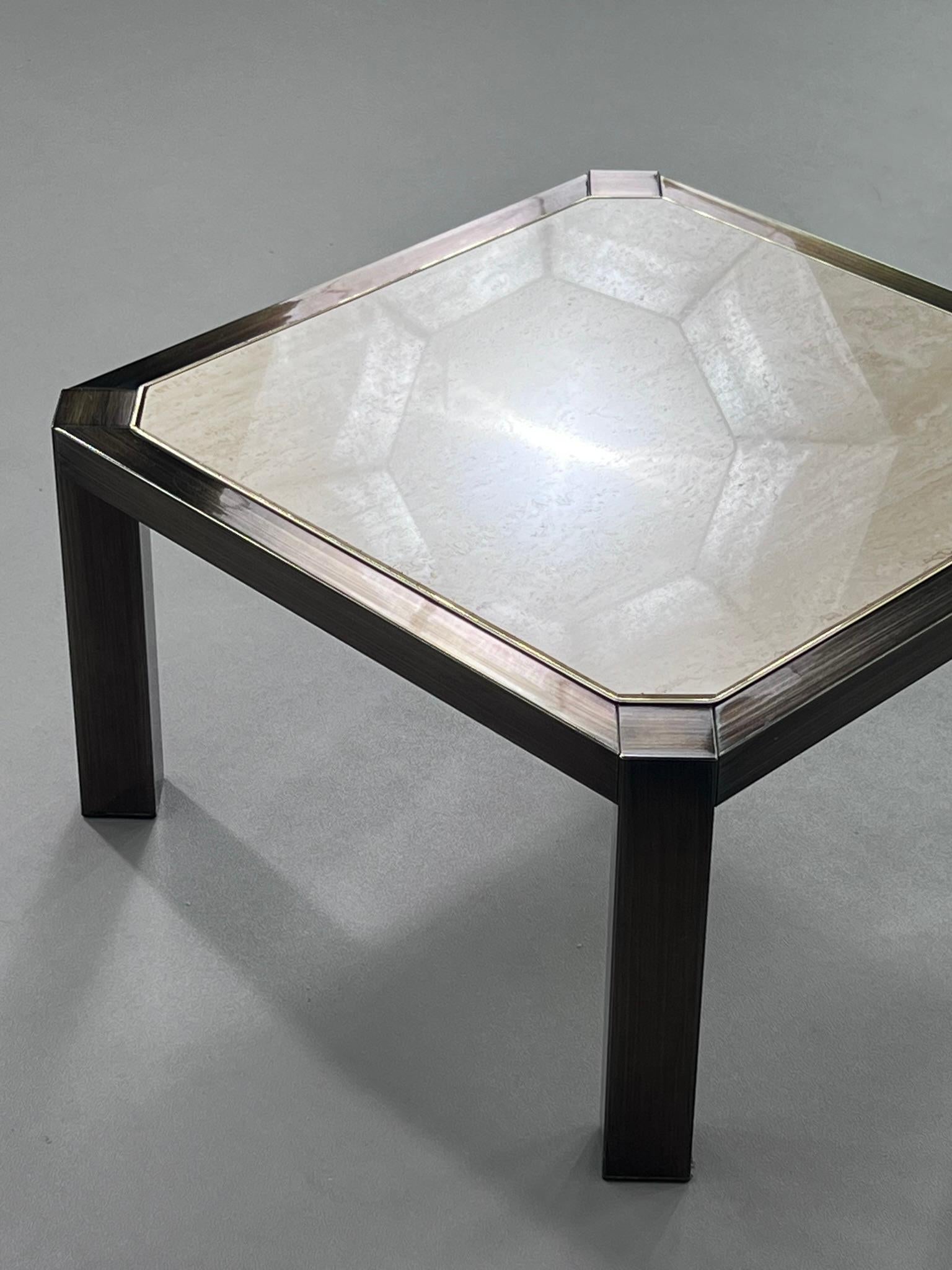 20th Century 1970s-1980s Hollywood Regency Style Travertine and Metal Square Coffee Table For Sale