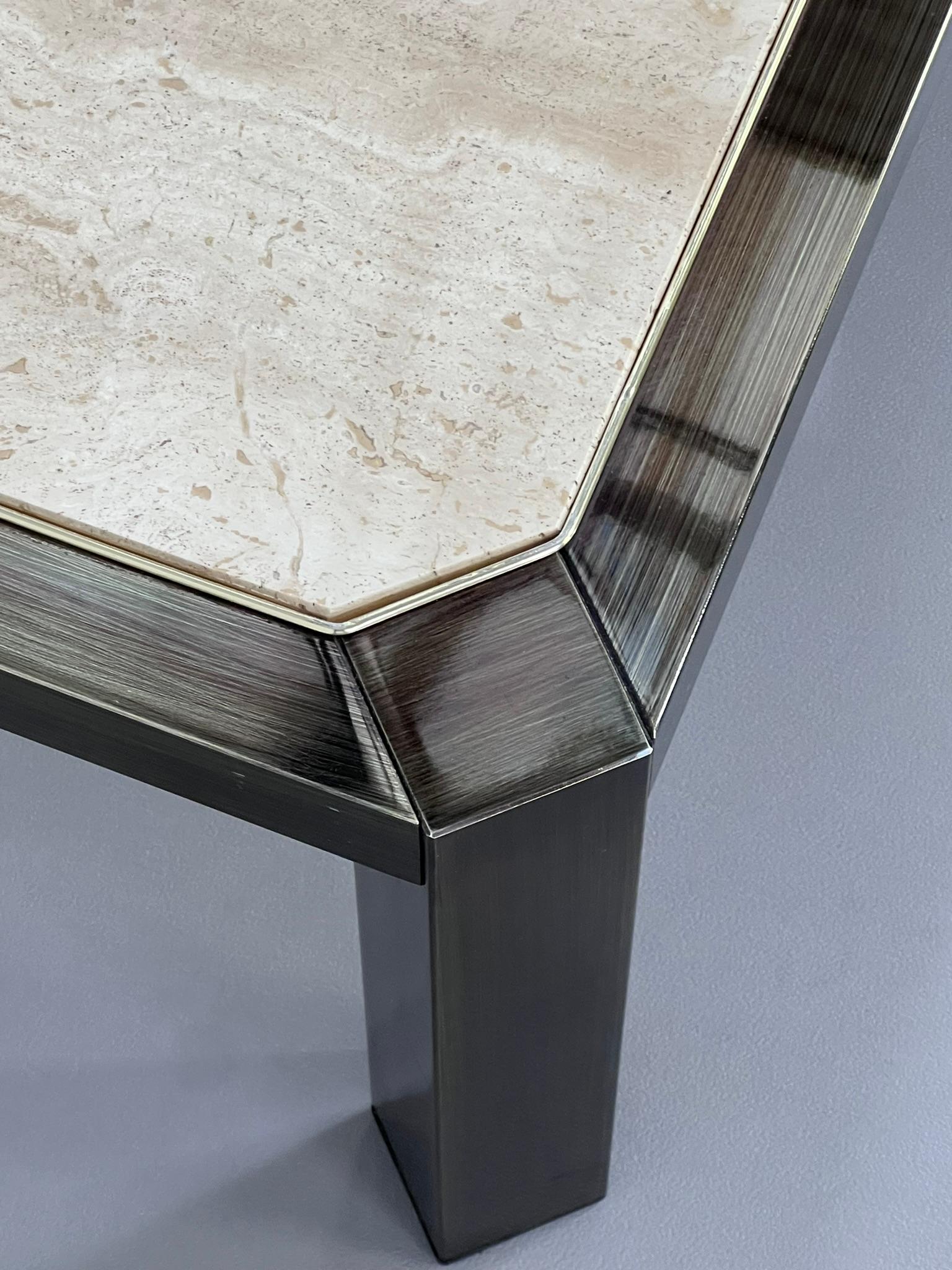 1970s-1980s Hollywood Regency Style Travertine and Metal Square Coffee Table For Sale 1