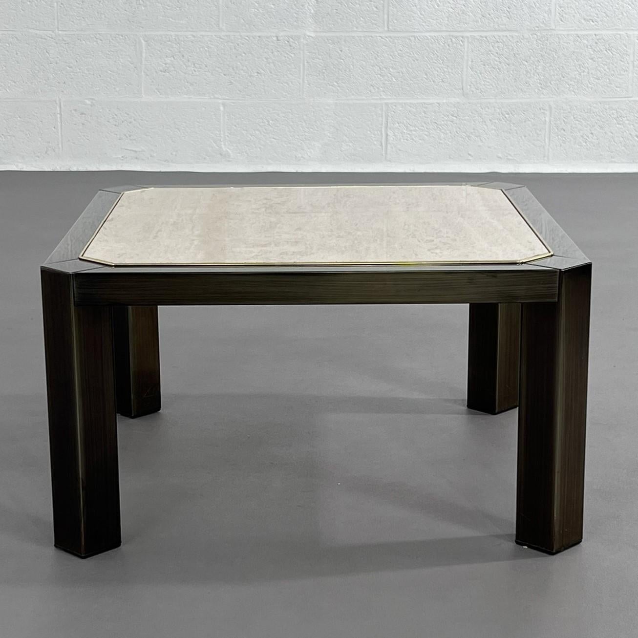 1970s-1980s Hollywood Regency Style Travertine and Metal Square Coffee Table For Sale 3