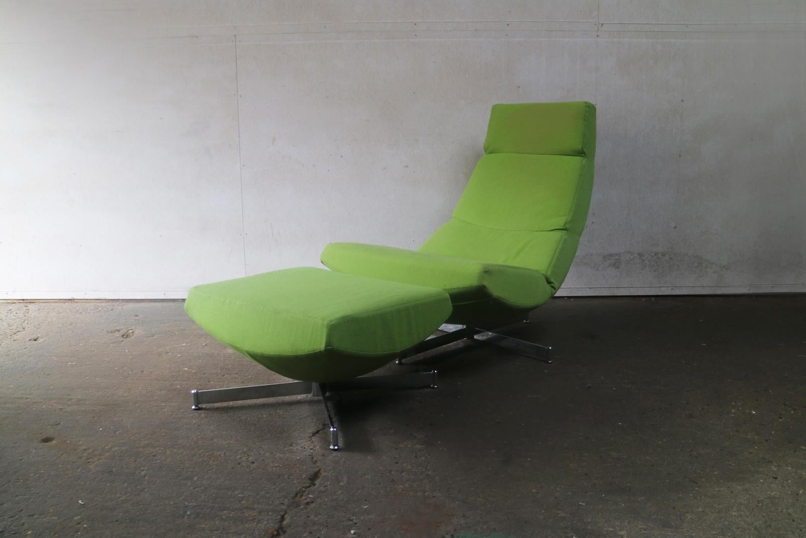Mid-Century Modern 1970s-1980s Midcentury Lime Green Swivel Lounge Chair with Footstool