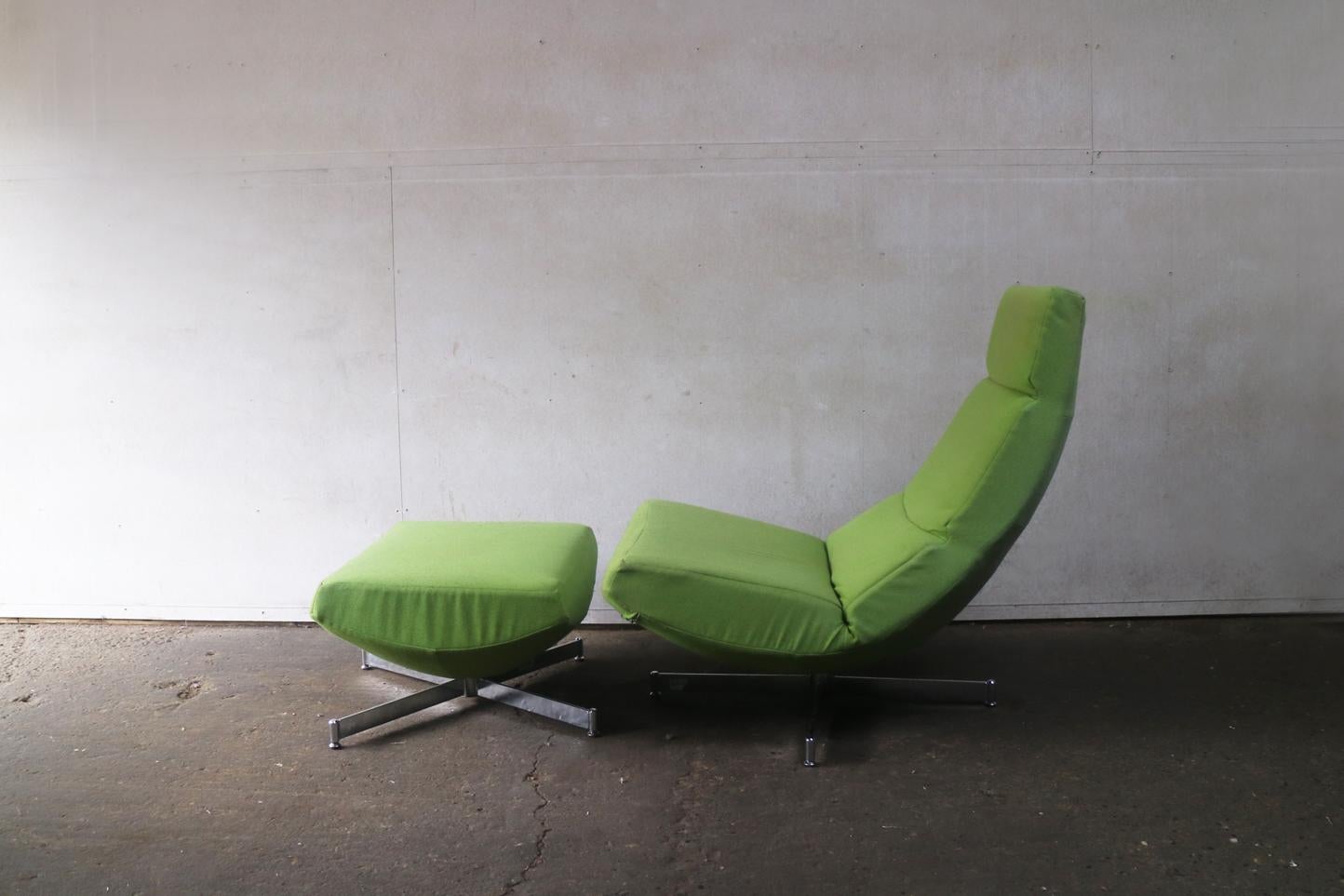 Danish 1970s-1980s Midcentury Lime Green Swivel Lounge Chair with Footstool