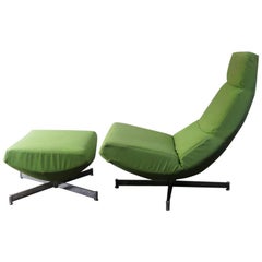 1970s-1980s Midcentury Lime Green Swivel Lounge Chair with Footstool
