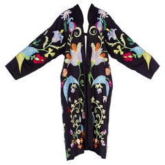 Retro 1970's 1980's Oriental Embroidery Cotton Kaftan Robe Coat