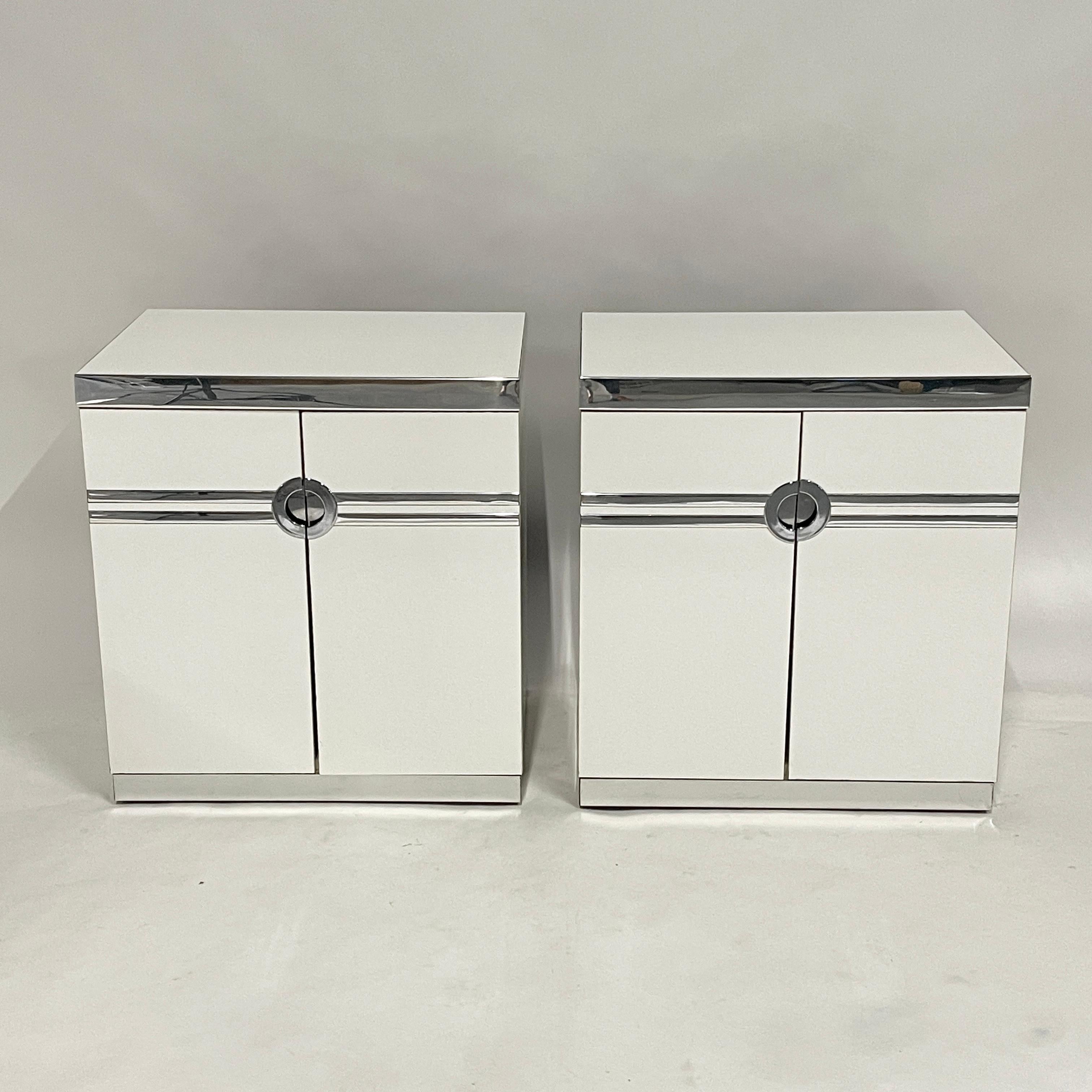 American 1970s / 1980s Postmodern Deco twist Pierre Cardin Nightsatnds in White & Chrome For Sale