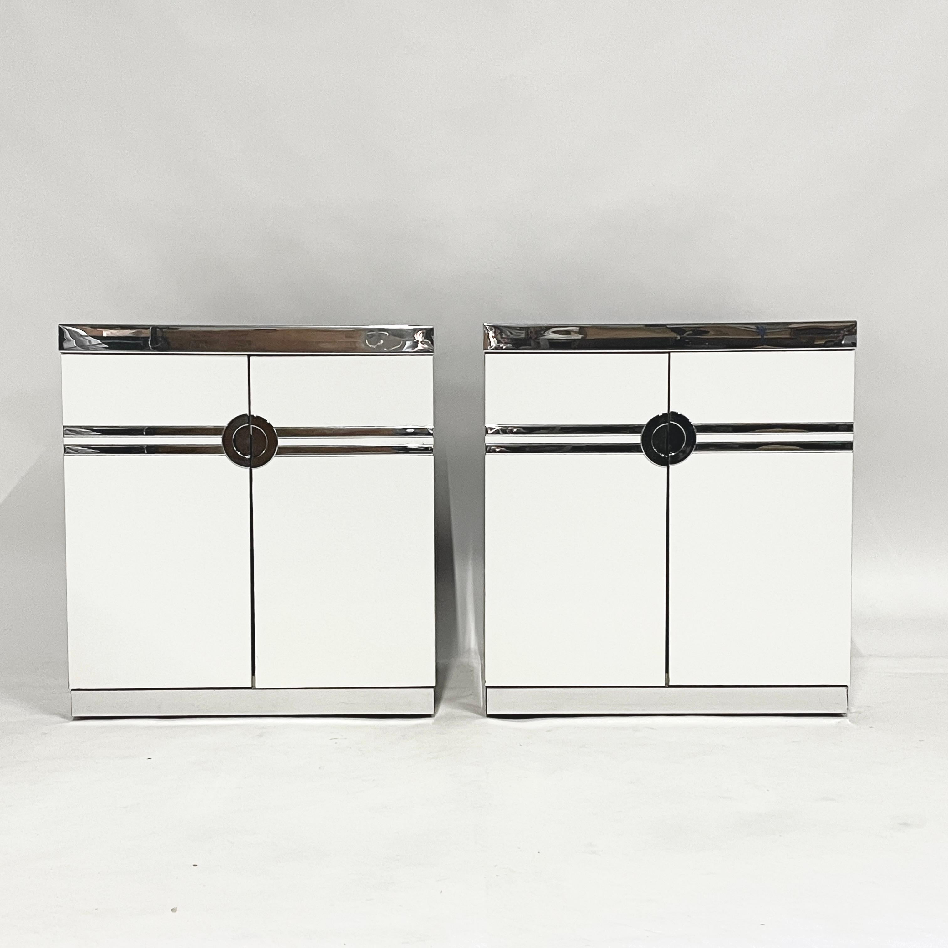 1970s / 1980s Postmodern Deco twist Pierre Cardin Nightsatnds in White & Chrome In Good Condition For Sale In Hudson, NY