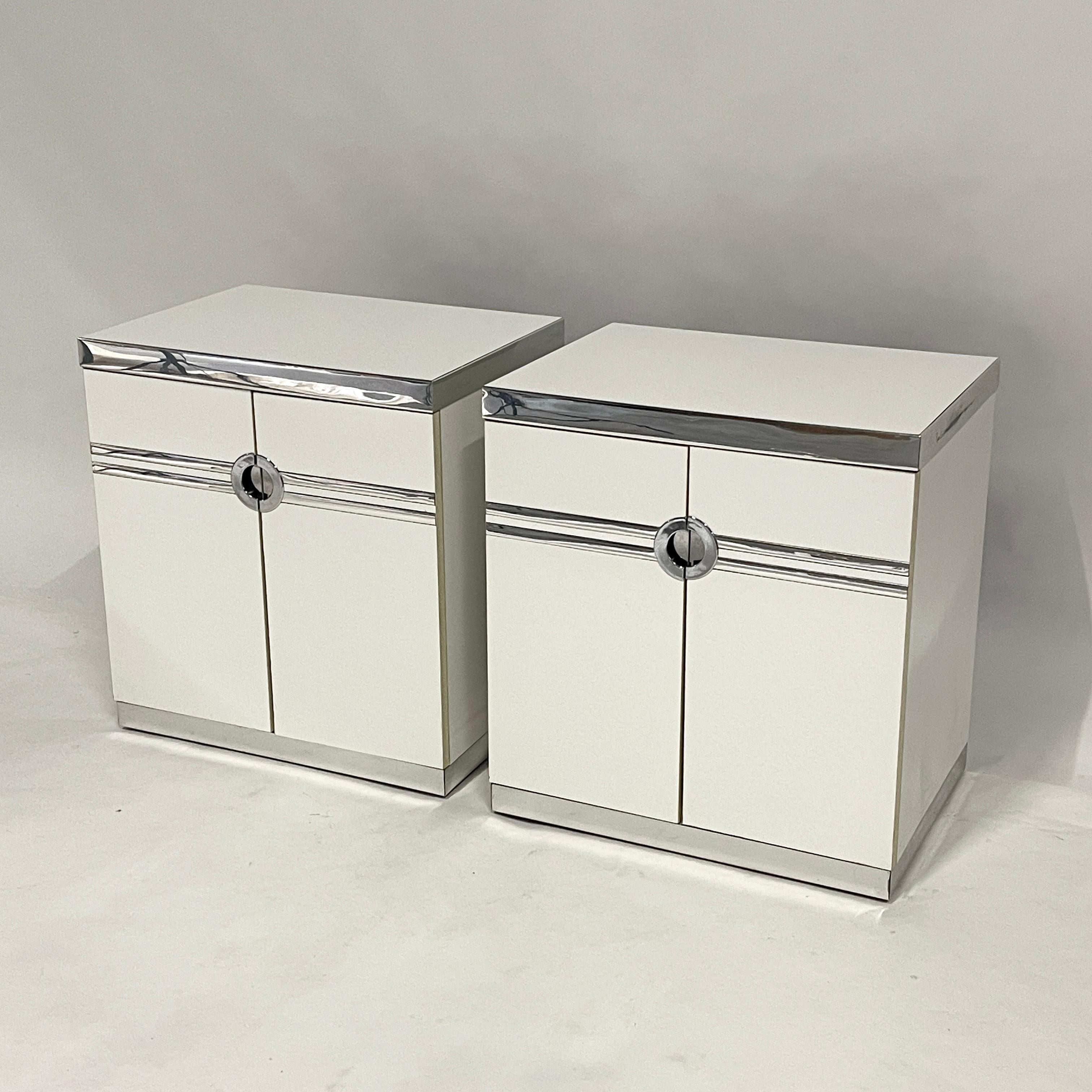 20th Century 1970s / 1980s Postmodern Deco twist Pierre Cardin Nightsatnds in White & Chrome For Sale