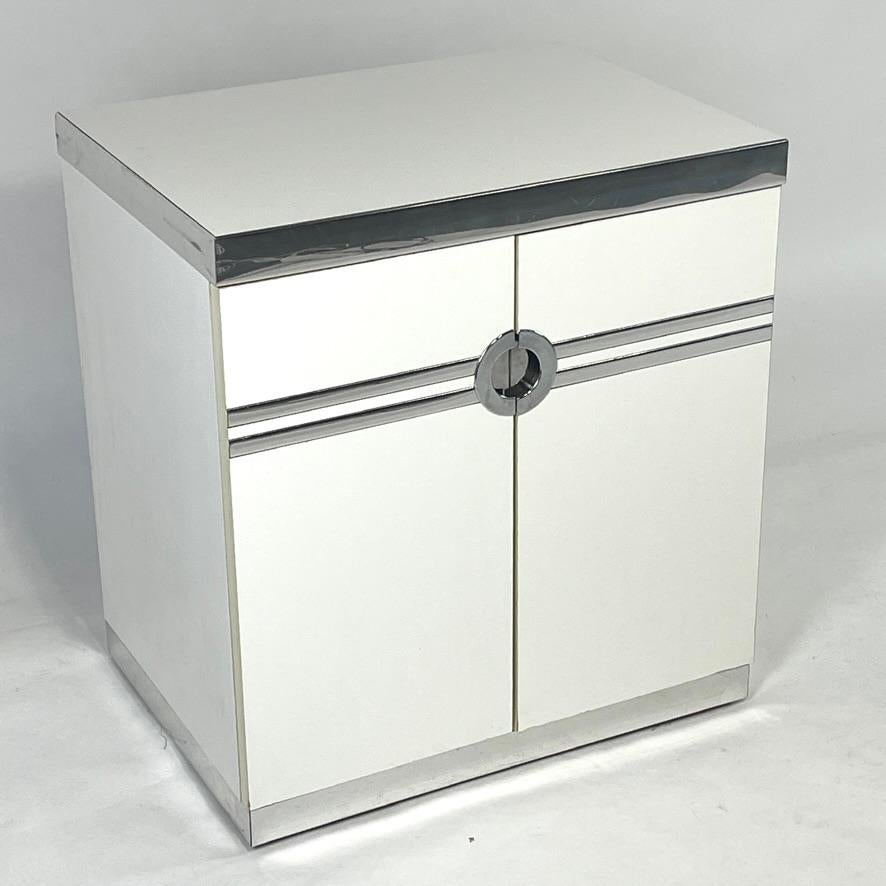 1970s / 1980s Postmodern Deco twist Pierre Cardin Nightsatnds in White & Chrome For Sale 1