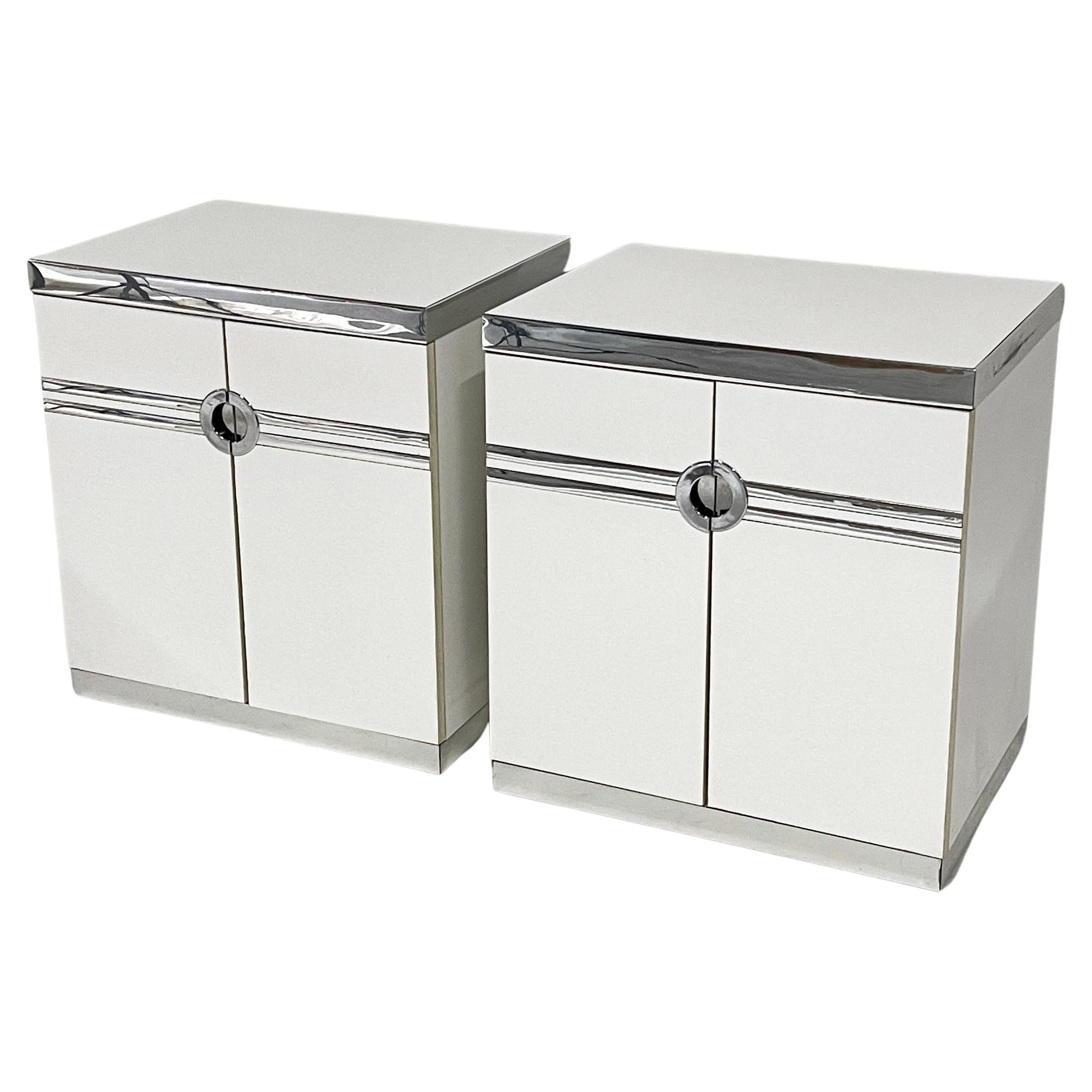 1970s / 1980s Postmodern Deco twist Pierre Cardin Nightsatnds in White & Chrome