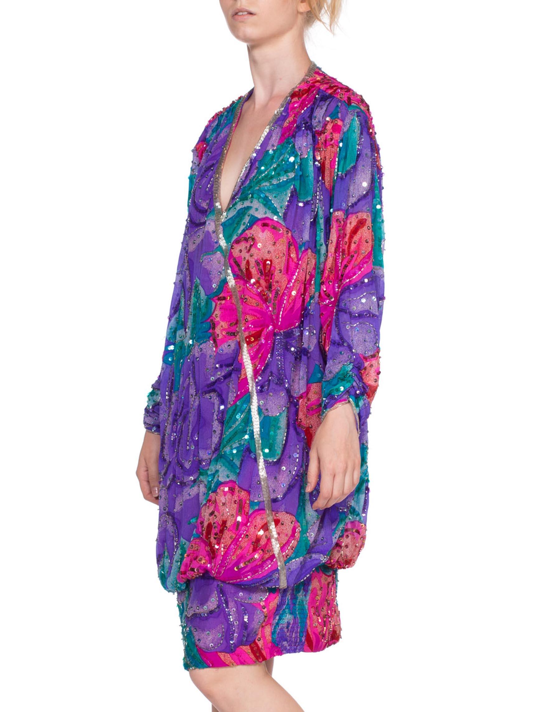 1980S Pink & Purple Rayon Silk Tropical Floral Beaded Slouchy Cocktail Dress In Excellent Condition For Sale In New York, NY