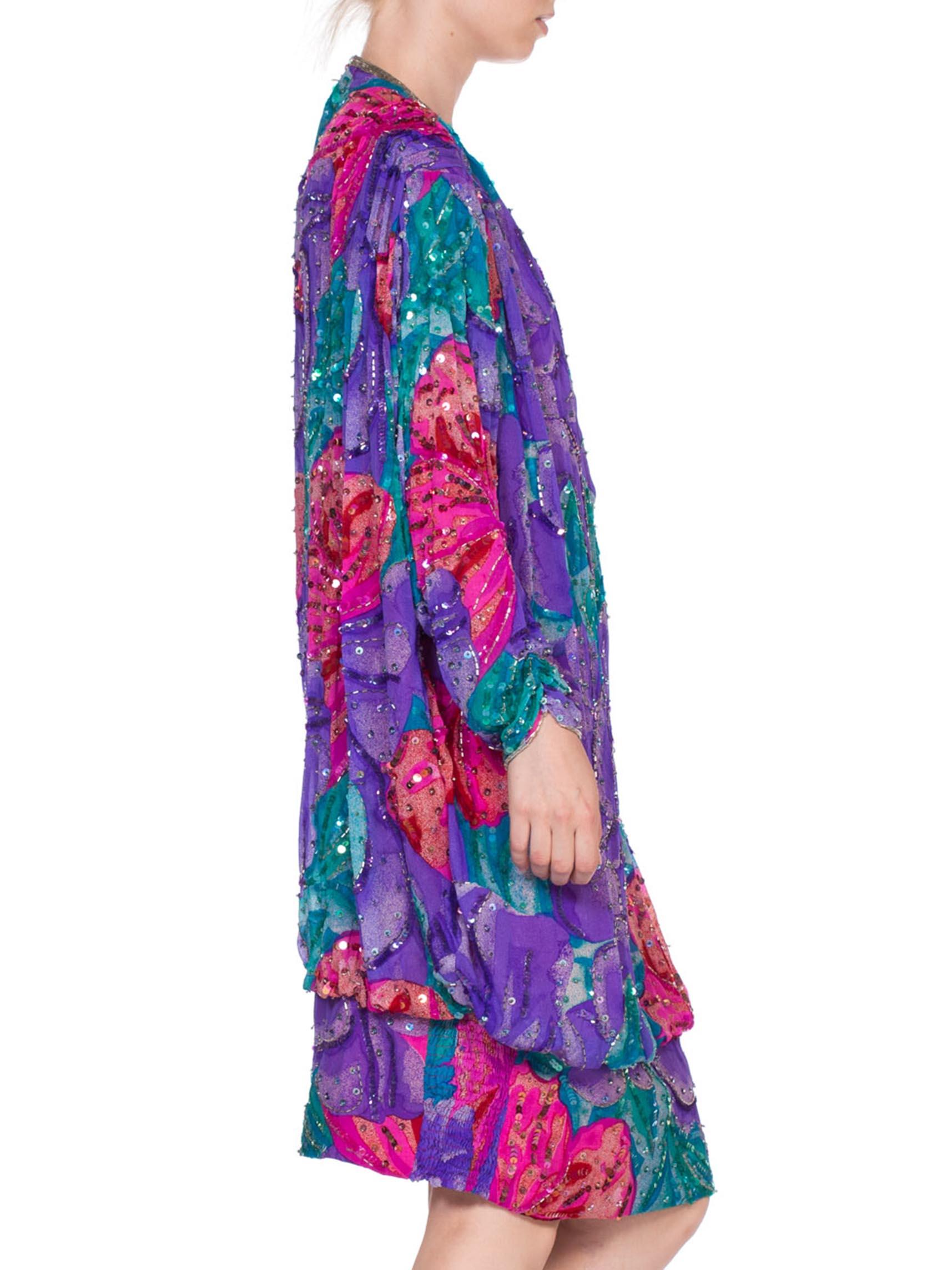 Women's 1980S Pink & Purple Rayon Silk Tropical Floral Beaded Slouchy Cocktail Dress For Sale