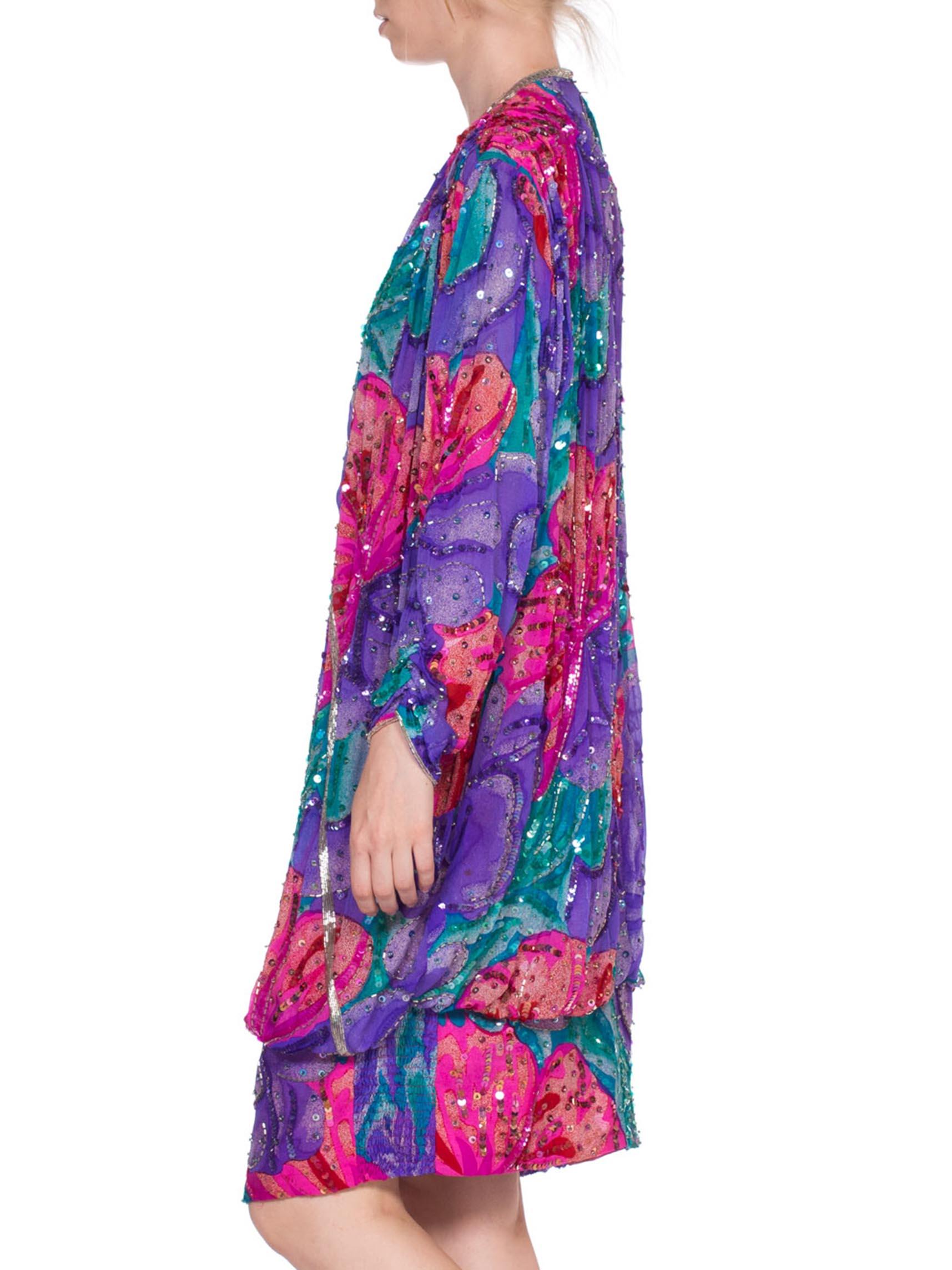 1980S Pink & Purple Rayon Silk Tropical Floral Beaded Slouchy Cocktail Dress For Sale 1