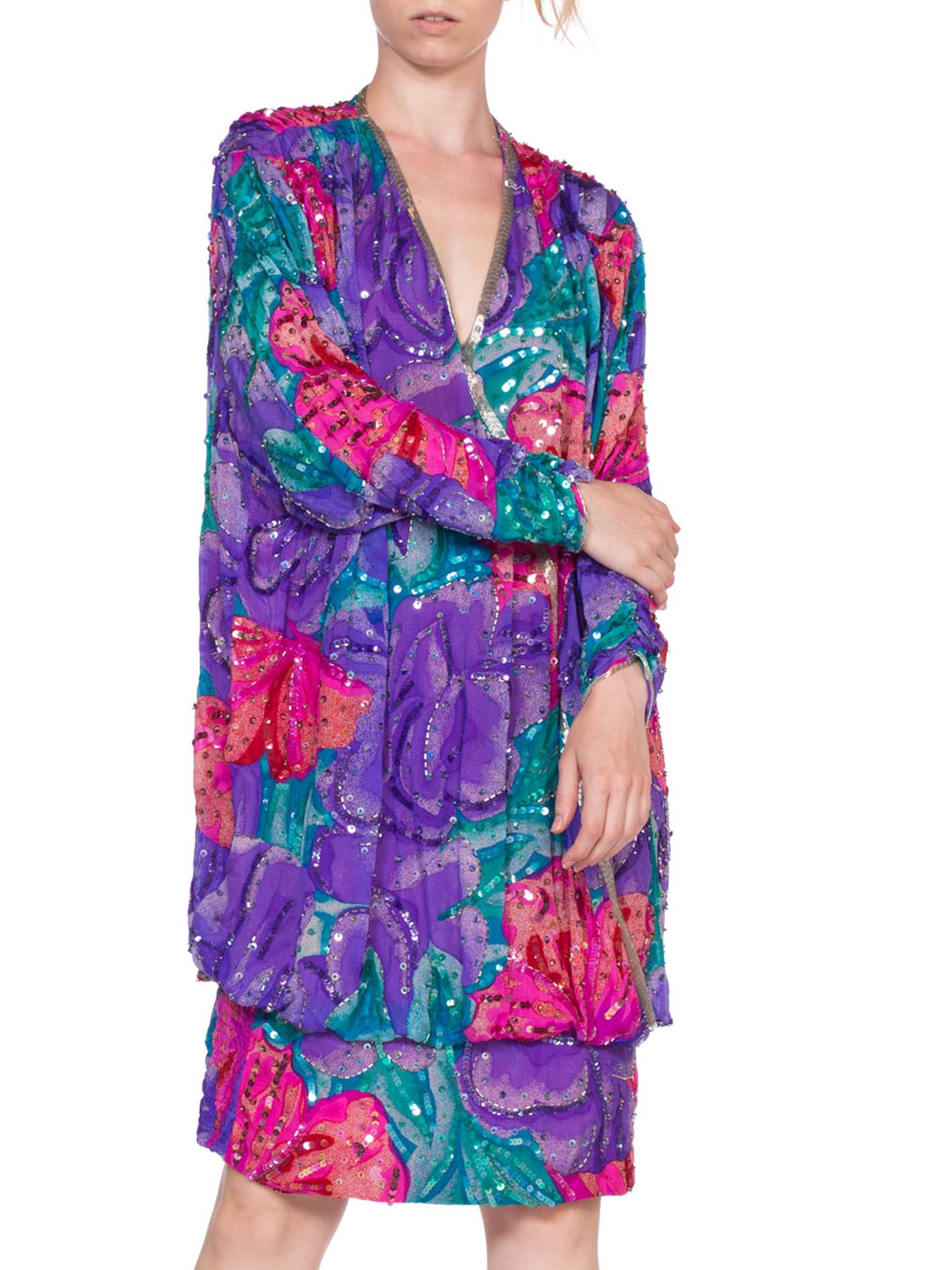 1980S Pink & Purple Rayon Silk Tropical Floral Beaded Slouchy Cocktail Dress For Sale 2