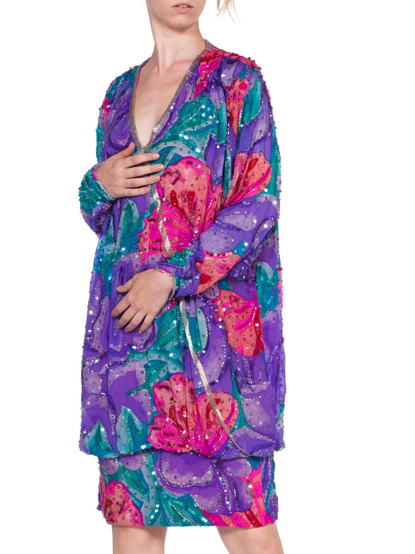 1980S Pink & Purple Rayon Silk Tropical Floral Beaded Slouchy Cocktail Dress For Sale 3