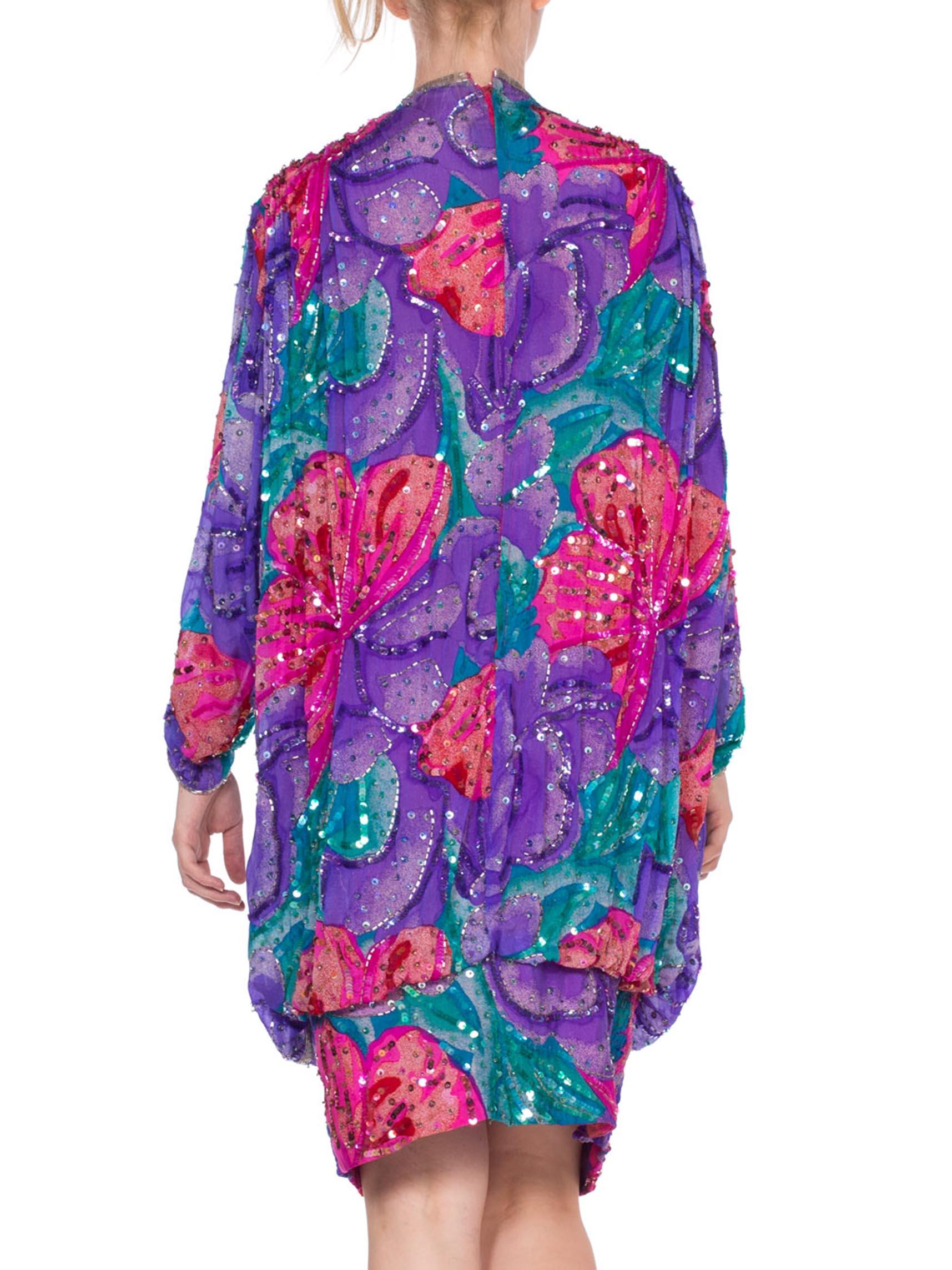 1980S Pink & Purple Rayon Silk Tropical Floral Beaded Slouchy Cocktail Dress For Sale 4