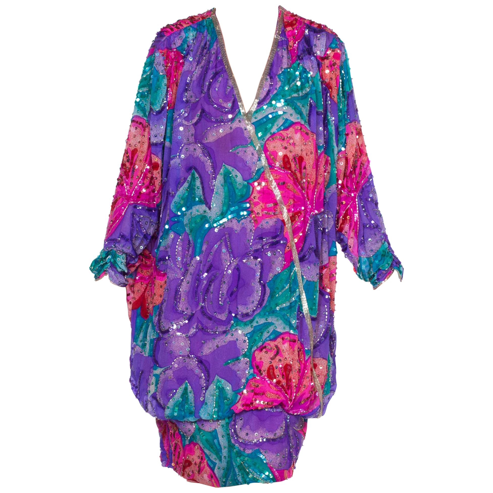 1980S Pink & Purple Rayon Silk Tropical Floral Beaded Slouchy Cocktail Dress For Sale