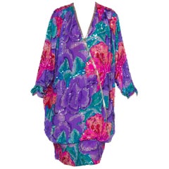 Vintage 1980S Pink & Purple Rayon Silk Tropical Floral Beaded Slouchy Cocktail Dress