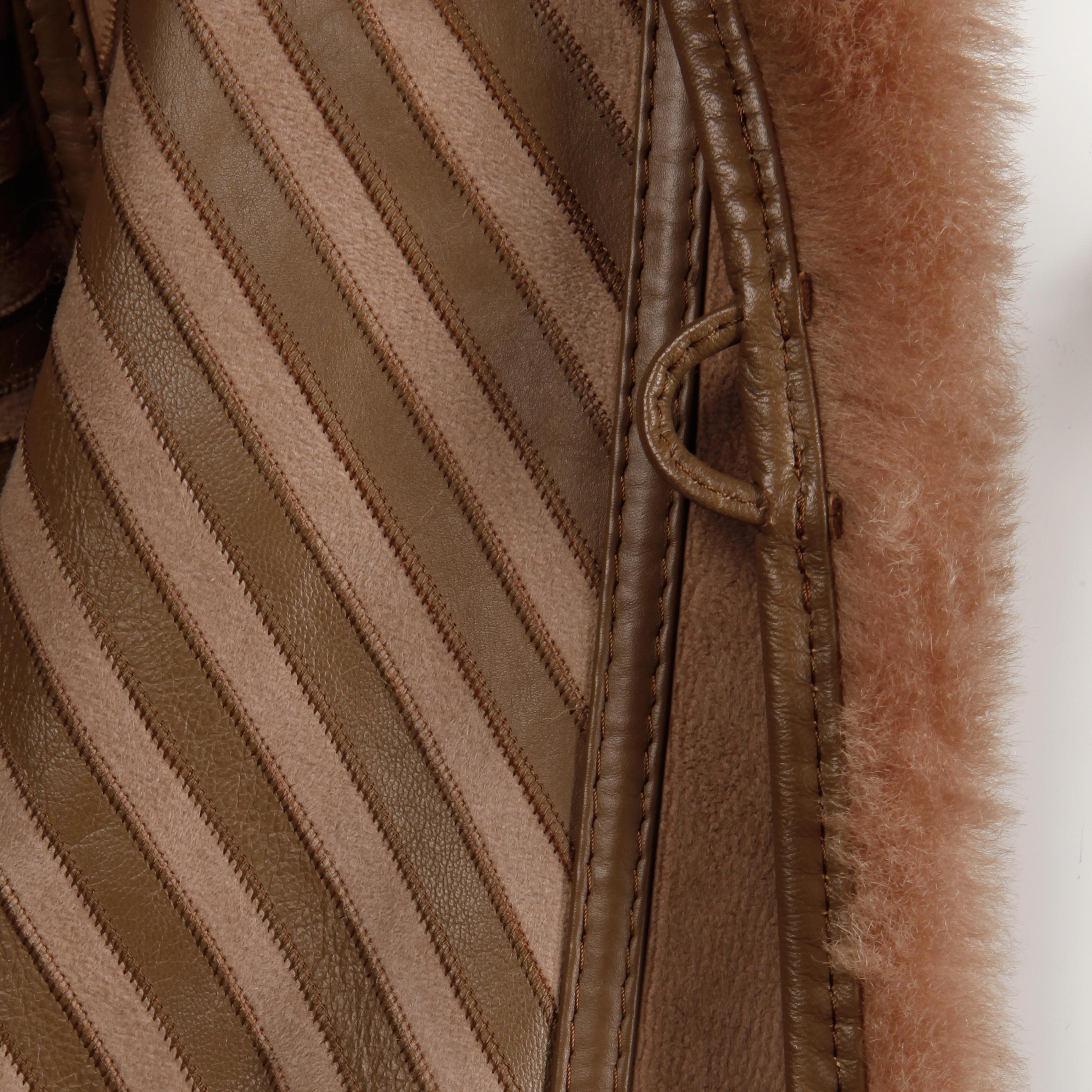 1970s-1980s Vintage Brown Leather + Sheepskin Chevron Shearling Fur Coat 3