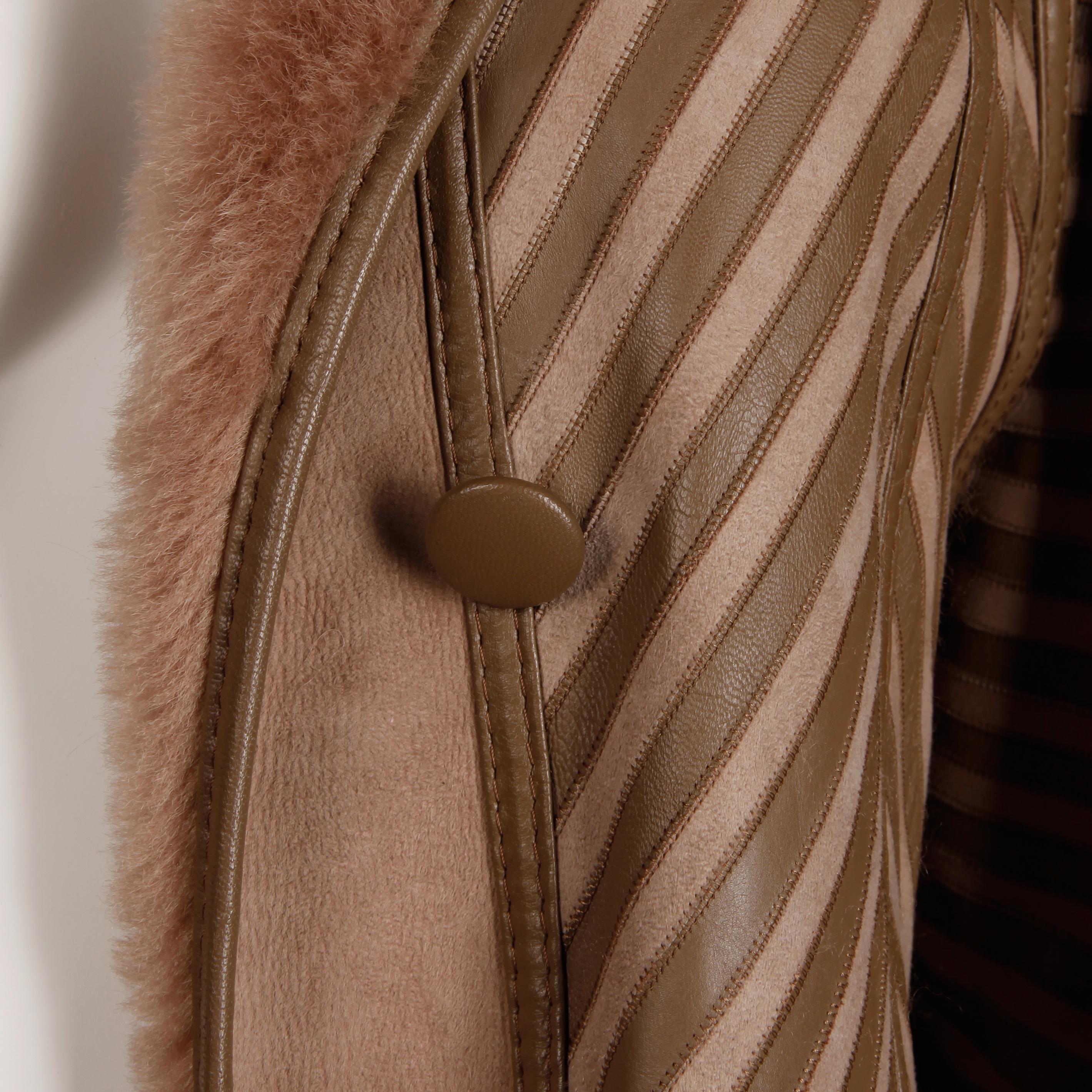 1970s-1980s Vintage Brown Leather + Sheepskin Chevron Shearling Fur Coat 4