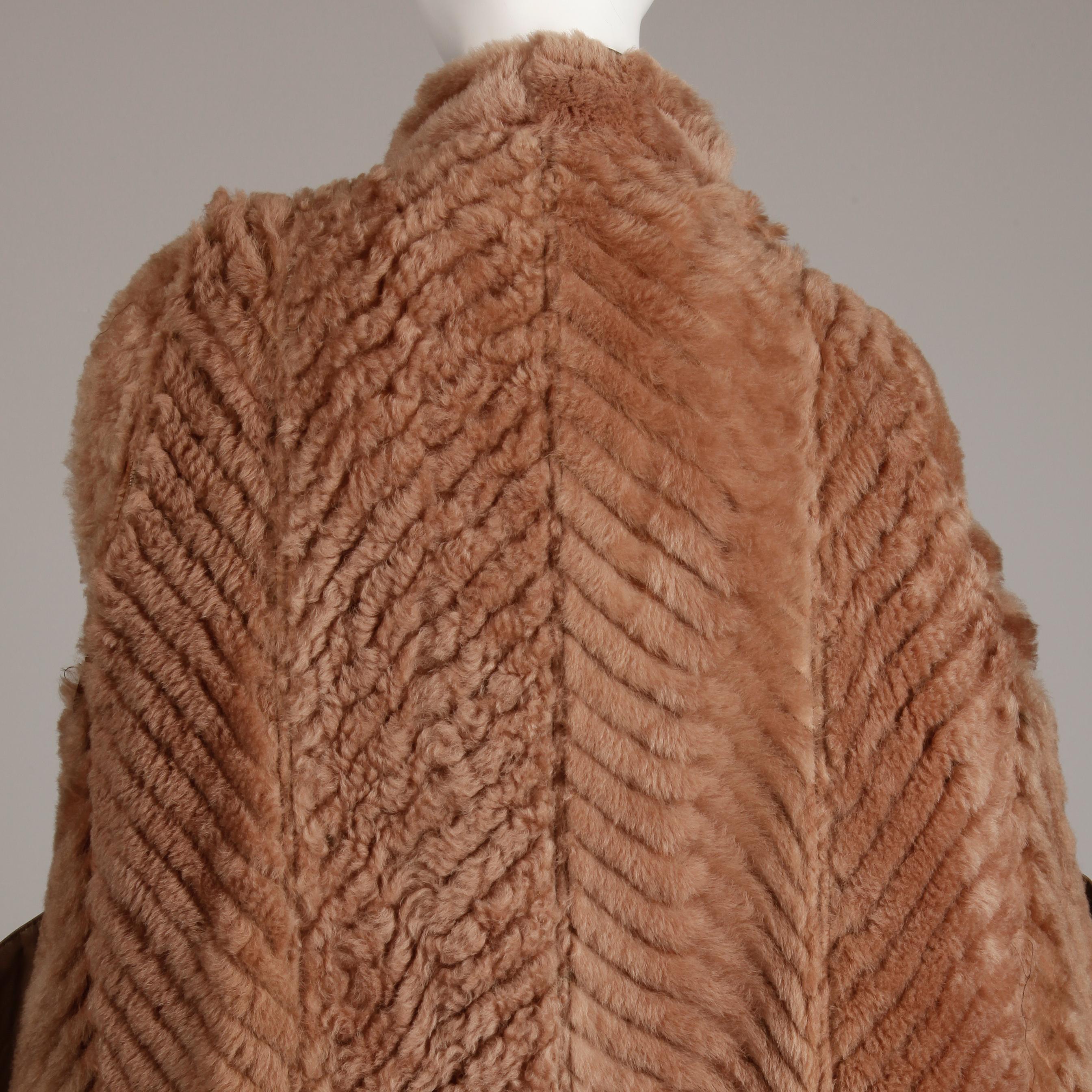 1970s-1980s Vintage Brown Leather + Sheepskin Chevron Shearling Fur Coat 5