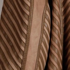 1970s-1980s Vintage Brown Leather + Sheepskin Chevron Shearling Fur Coat