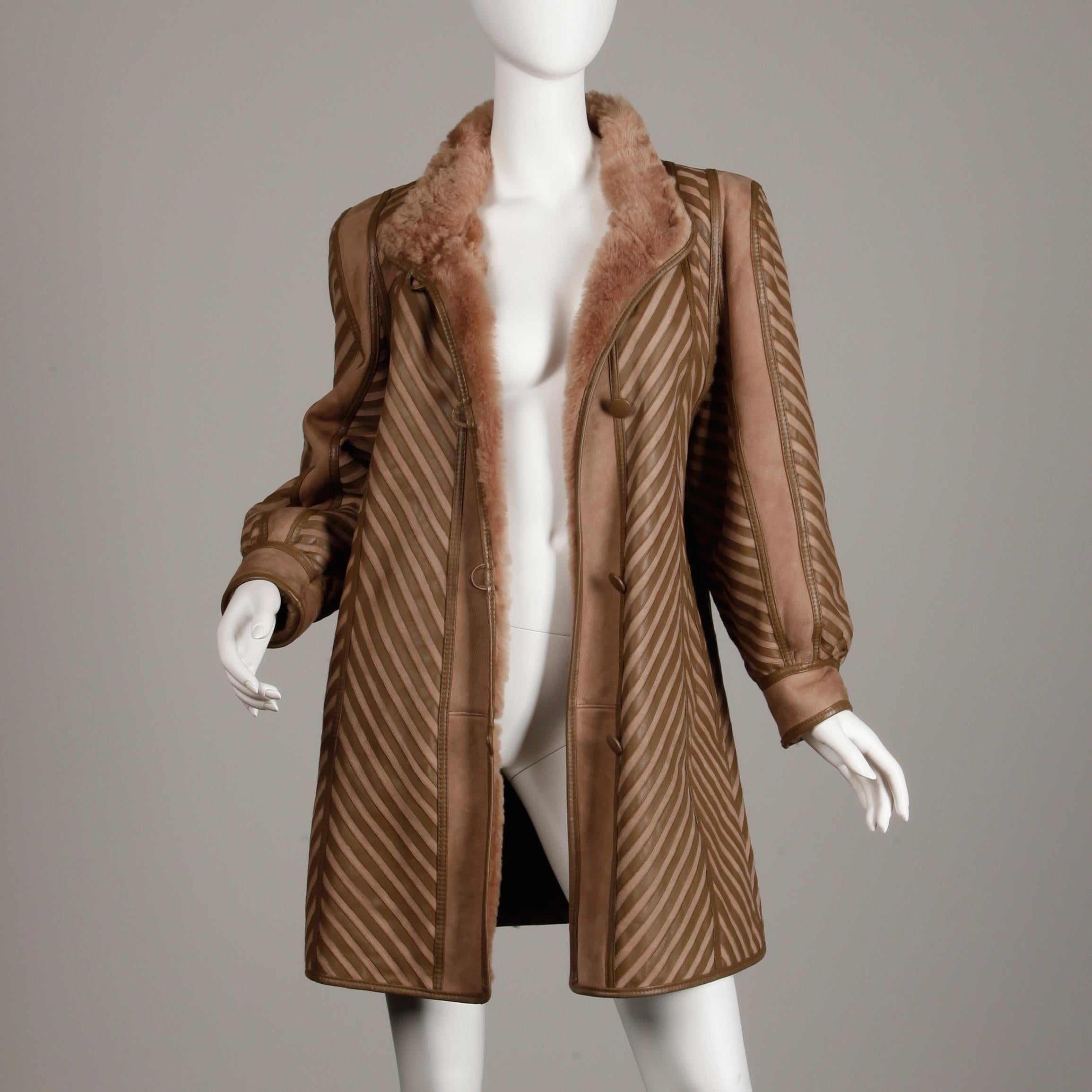 1970s-1980s Vintage Brown Leather + Sheepskin Chevron Shearling Fur Coat In Excellent Condition In Sparks, NV