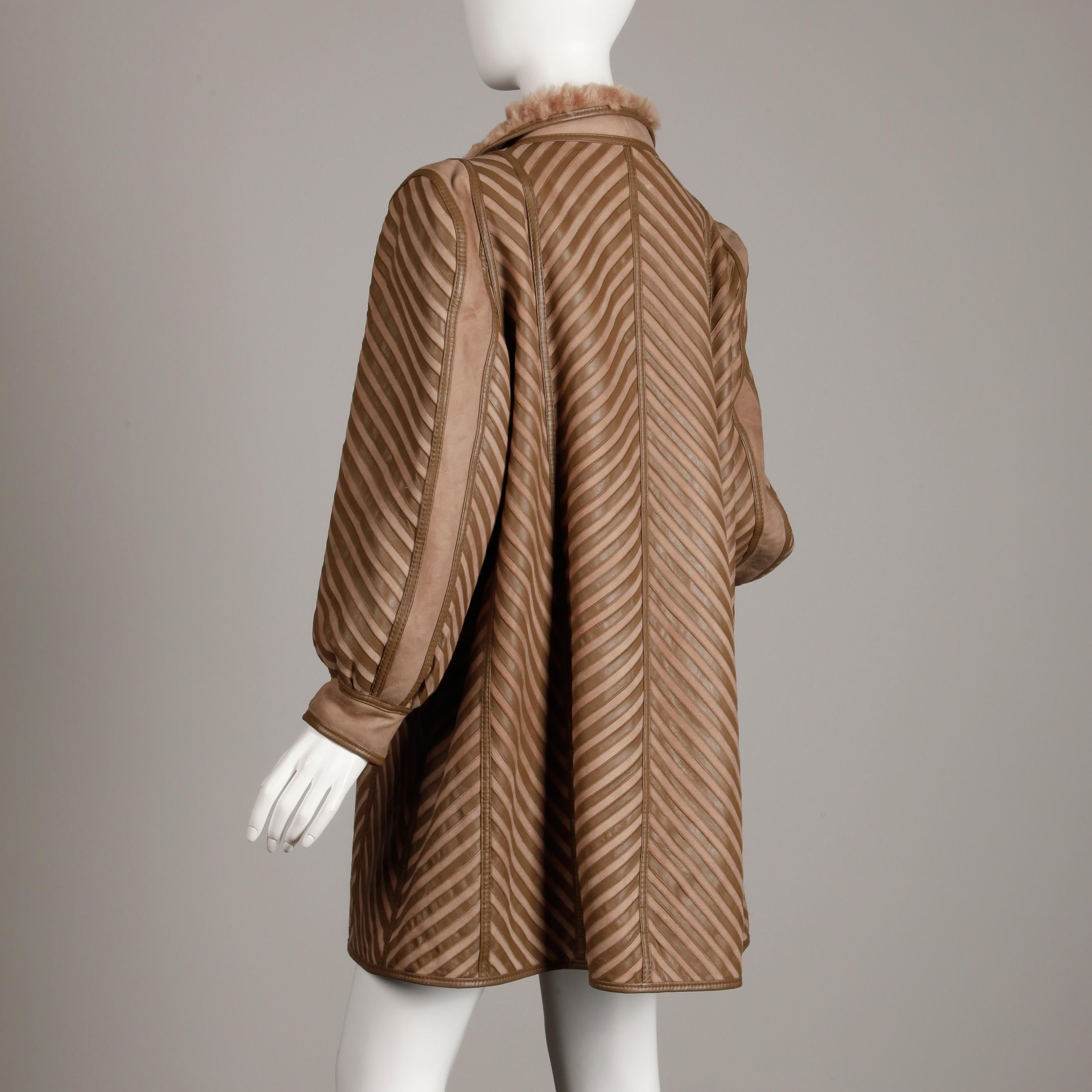 1970s-1980s Vintage Brown Leather + Sheepskin Chevron Shearling Fur Coat 1