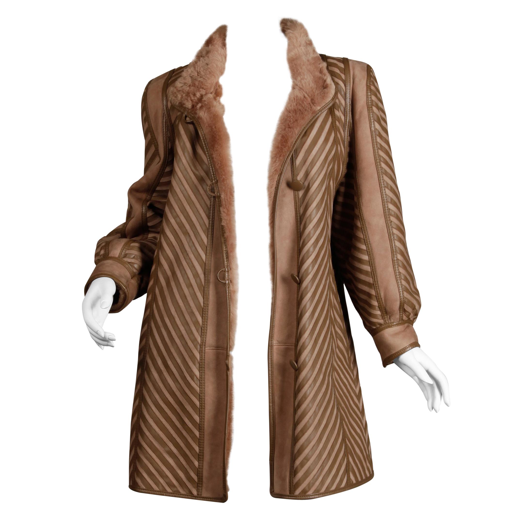 1970s-1980s Vintage Brown Leather + Sheepskin Chevron Shearling Fur Coat
