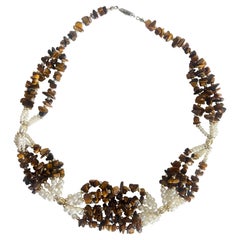 1970s–1980s Vintage Tiger's Eye Chip and Faux Pearl Glass Bead Choker Necklace