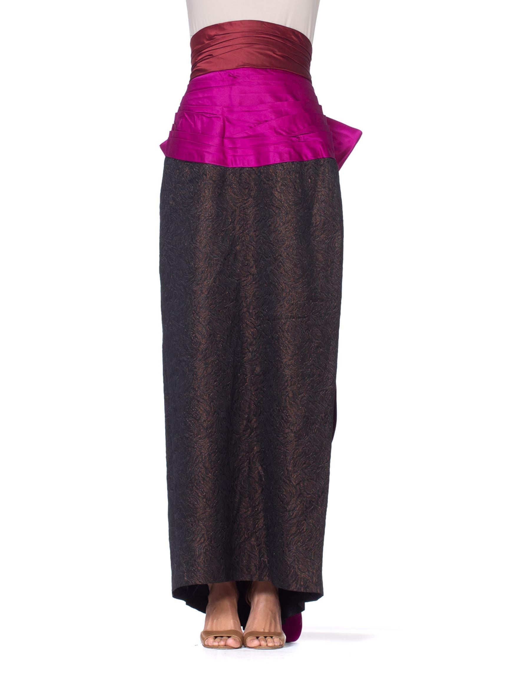 1980S YVES SAINT LAURENT Black Silk Jacquard YSL Metallic High-Waisted Skirt With Giant Pink Bow