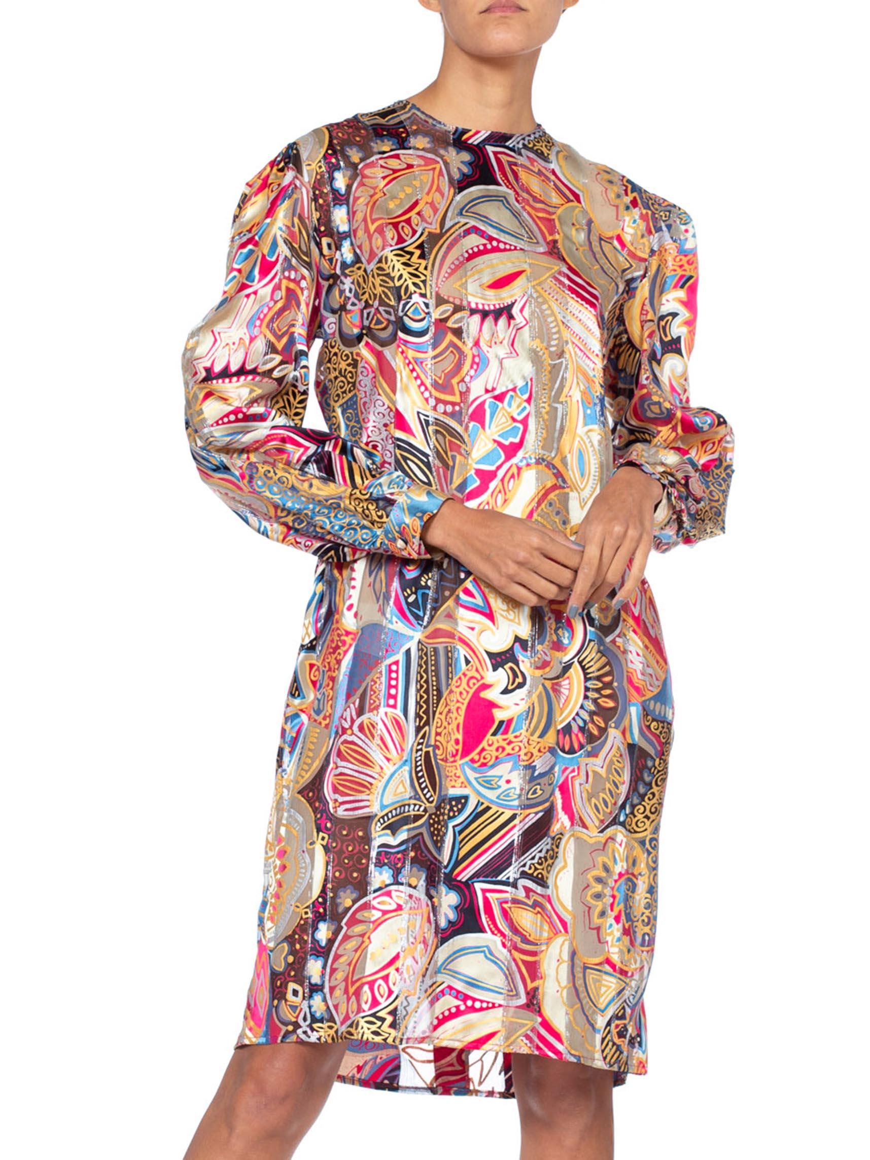 Beige 1980S Psychedelic Silk Lurex Chiffon Stripe Sheer Long Sleeve Oversized Dress