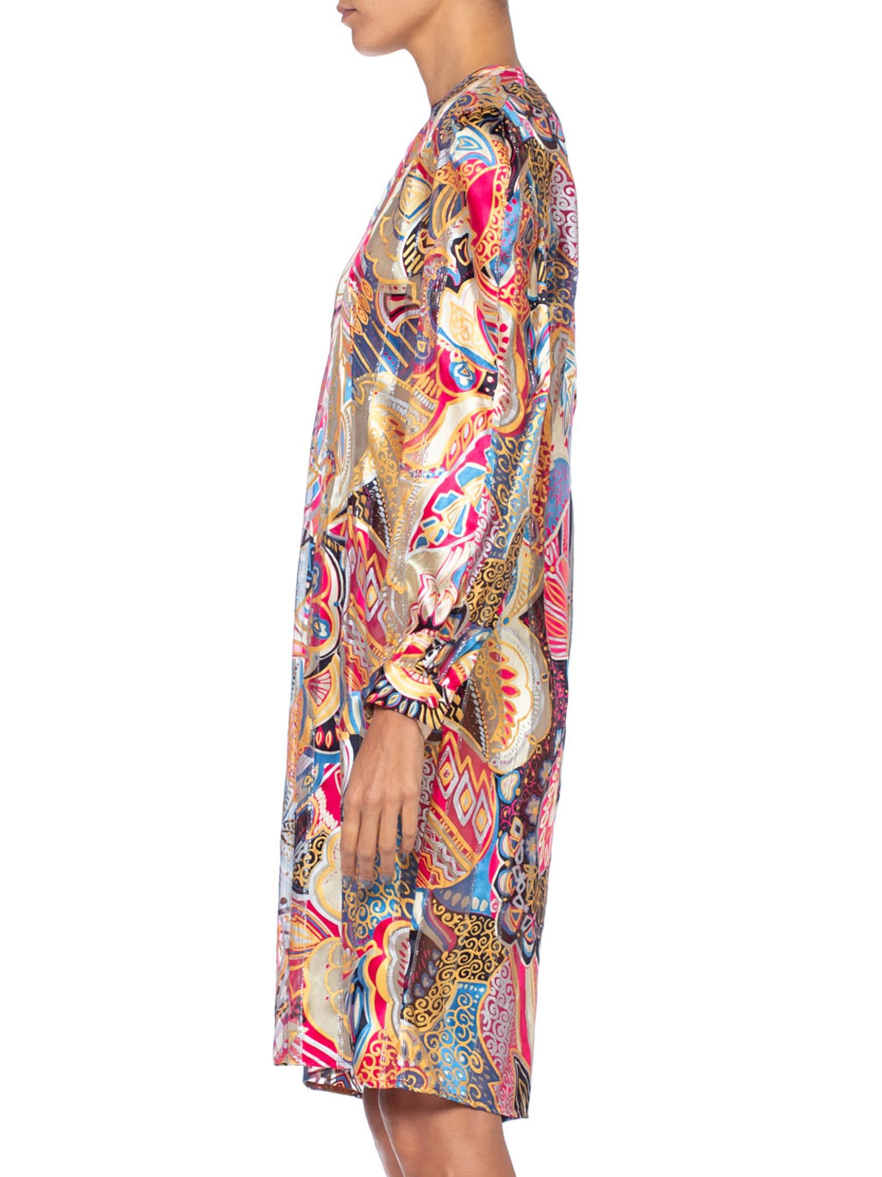 Women's 1980S Psychedelic Silk Lurex Chiffon Stripe Sheer Long Sleeve Oversized Dress