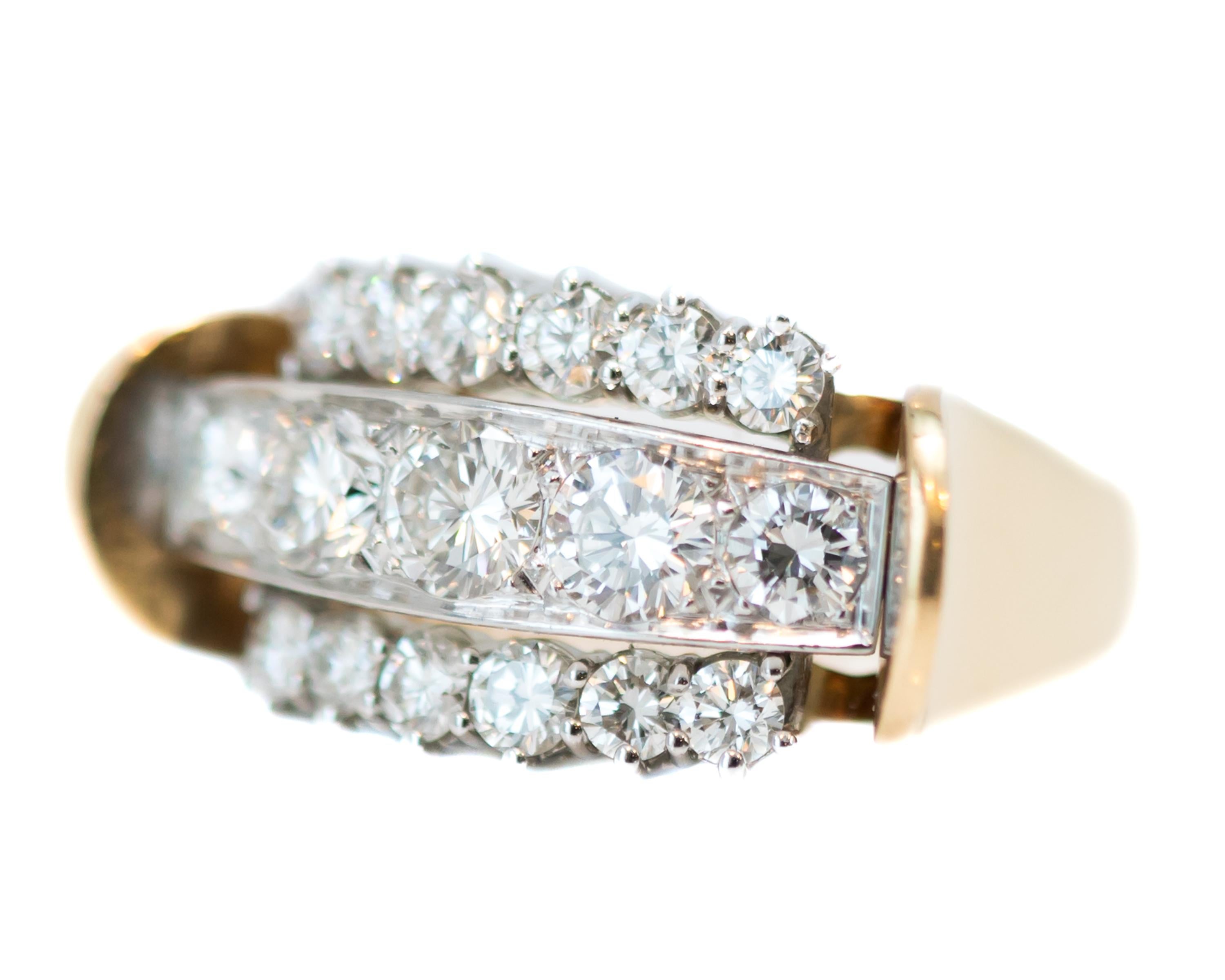Women's 1970s 2 Carat Total Diamond and 18 Karat Gold Two-Tone Cluster Ring