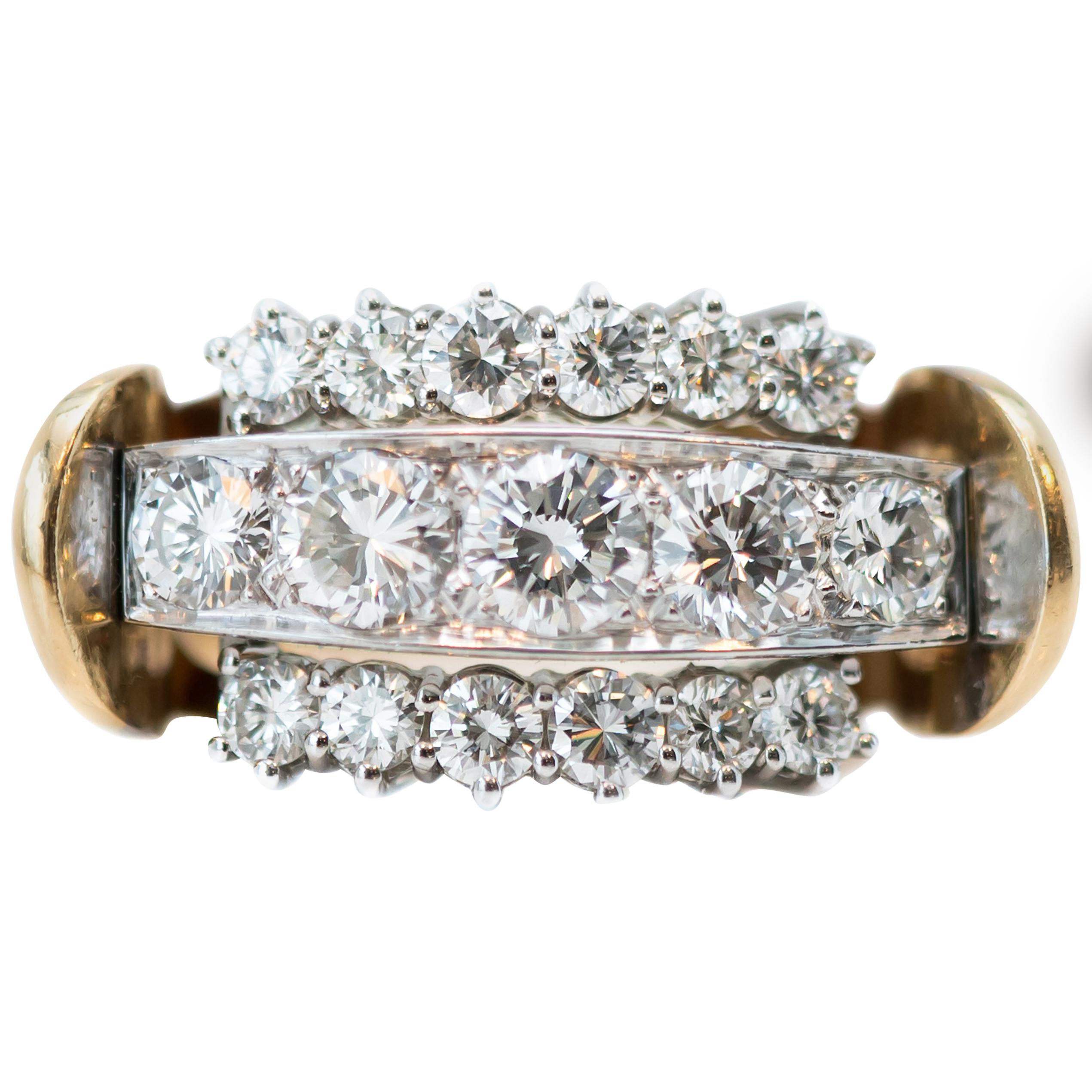 1970s 2 Carat Total Diamond and 18 Karat Gold Two-Tone Cluster Ring