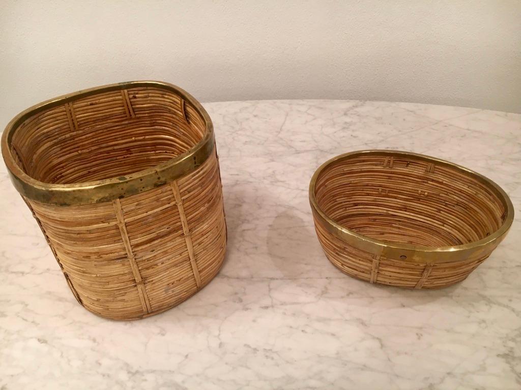 1970s 2 Italian Brass & Rattan Bamboo Baskets or Planter In Good Condition For Sale In Geneva, CH