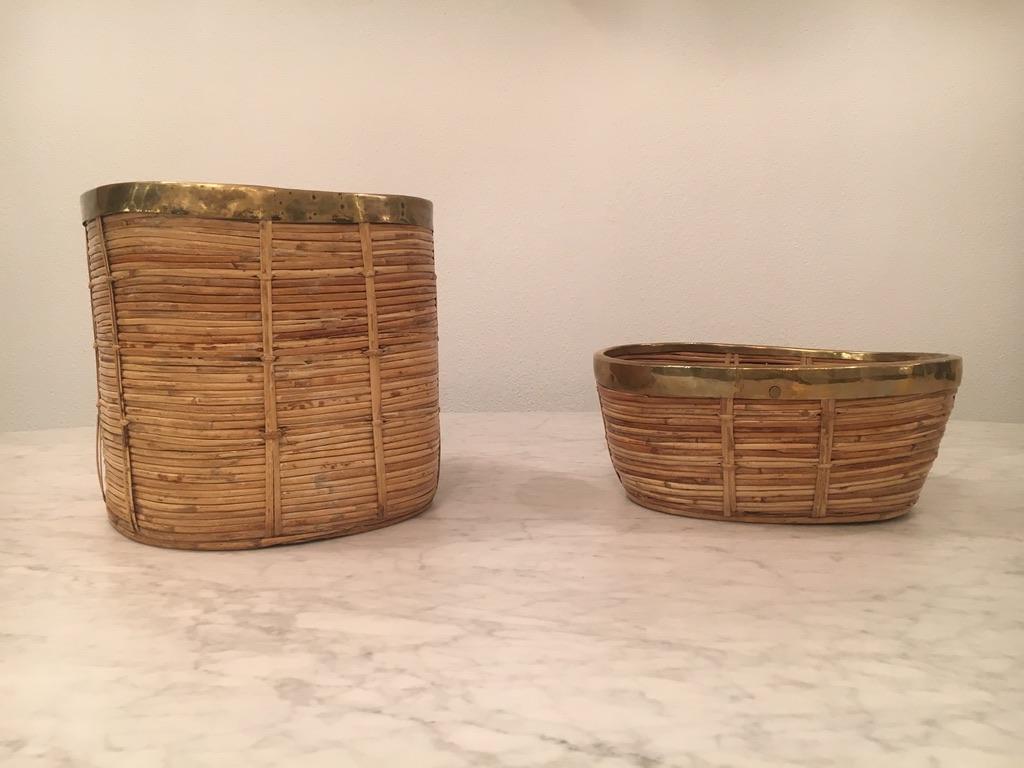 Late 20th Century 1970s 2 Italian Brass & Rattan Bamboo Baskets or Planter For Sale